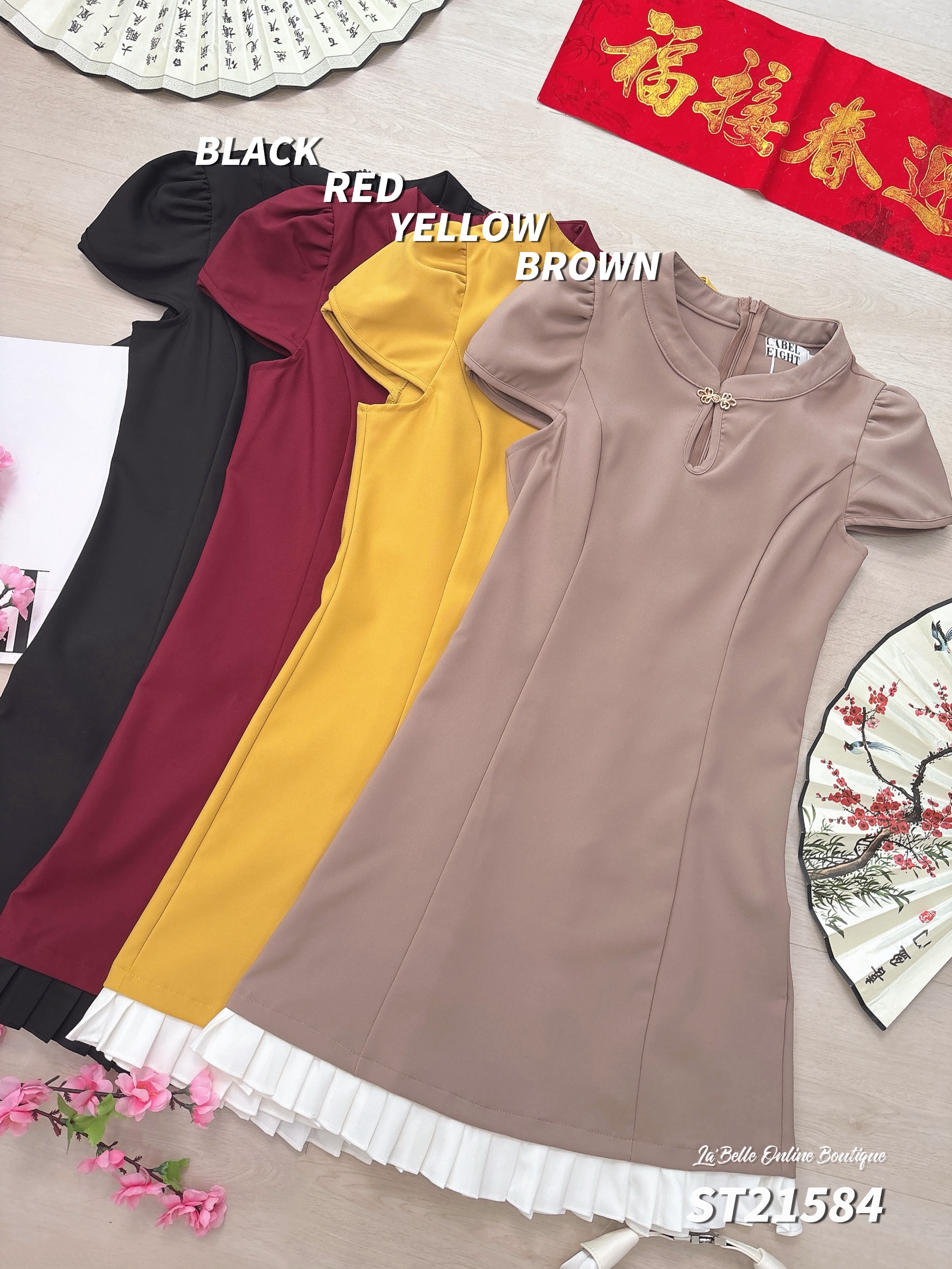 高级感撞色拼接压褶设计旗袍 (ST21584)