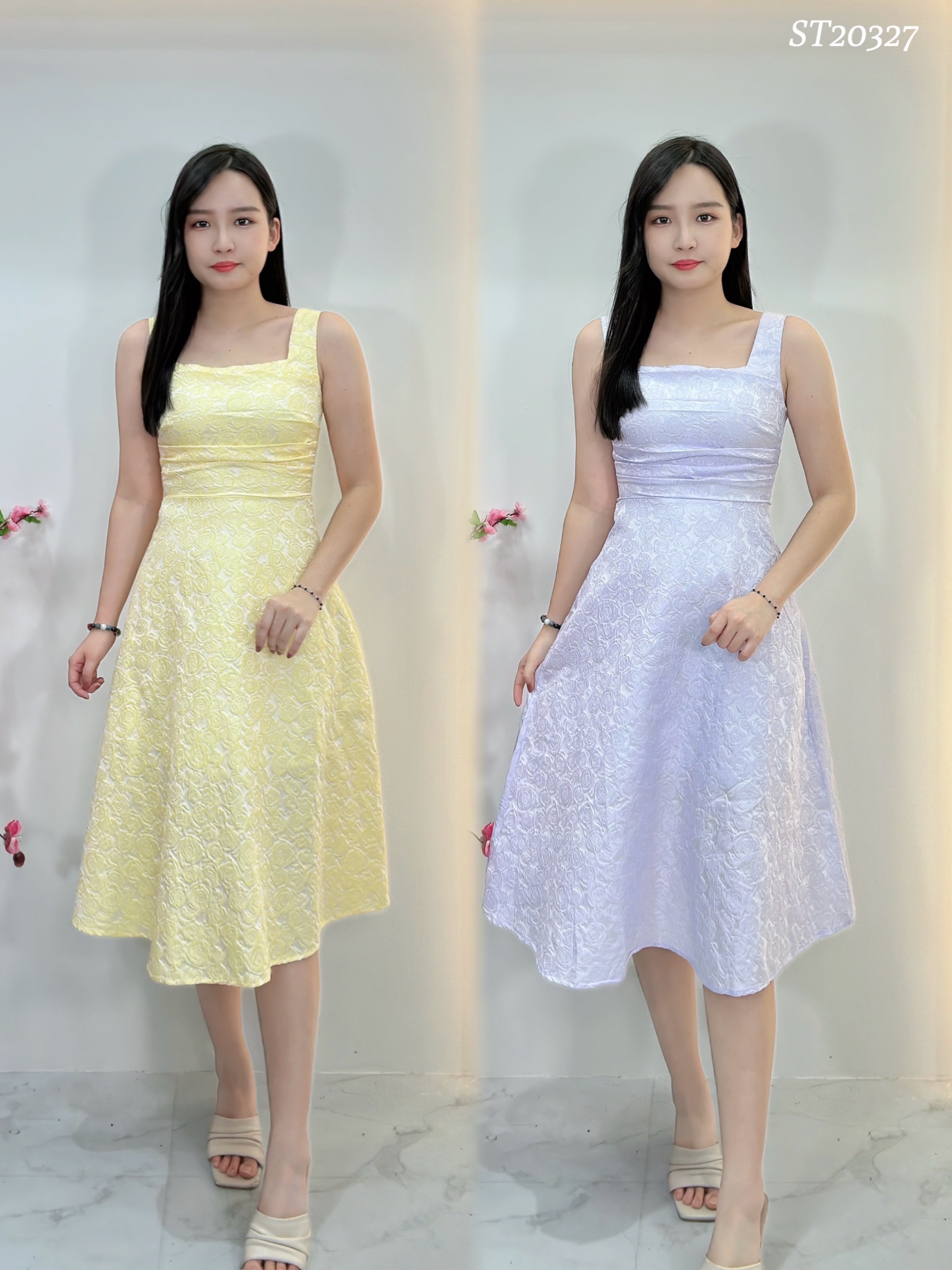 法式气质方领皱褶设计连身裙 (ST20327)