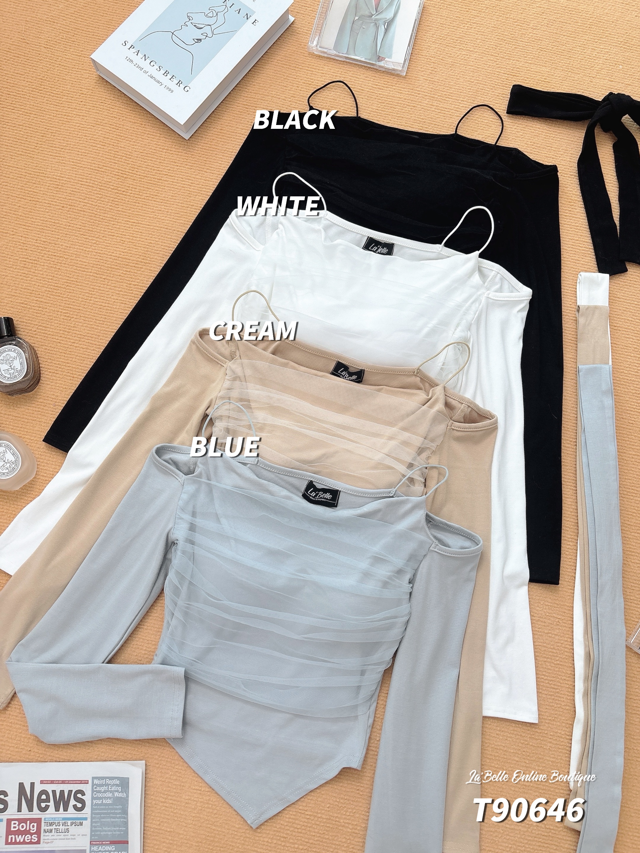 法式不规则下摆露肩设计吊带长袖上衣 (T90646) 