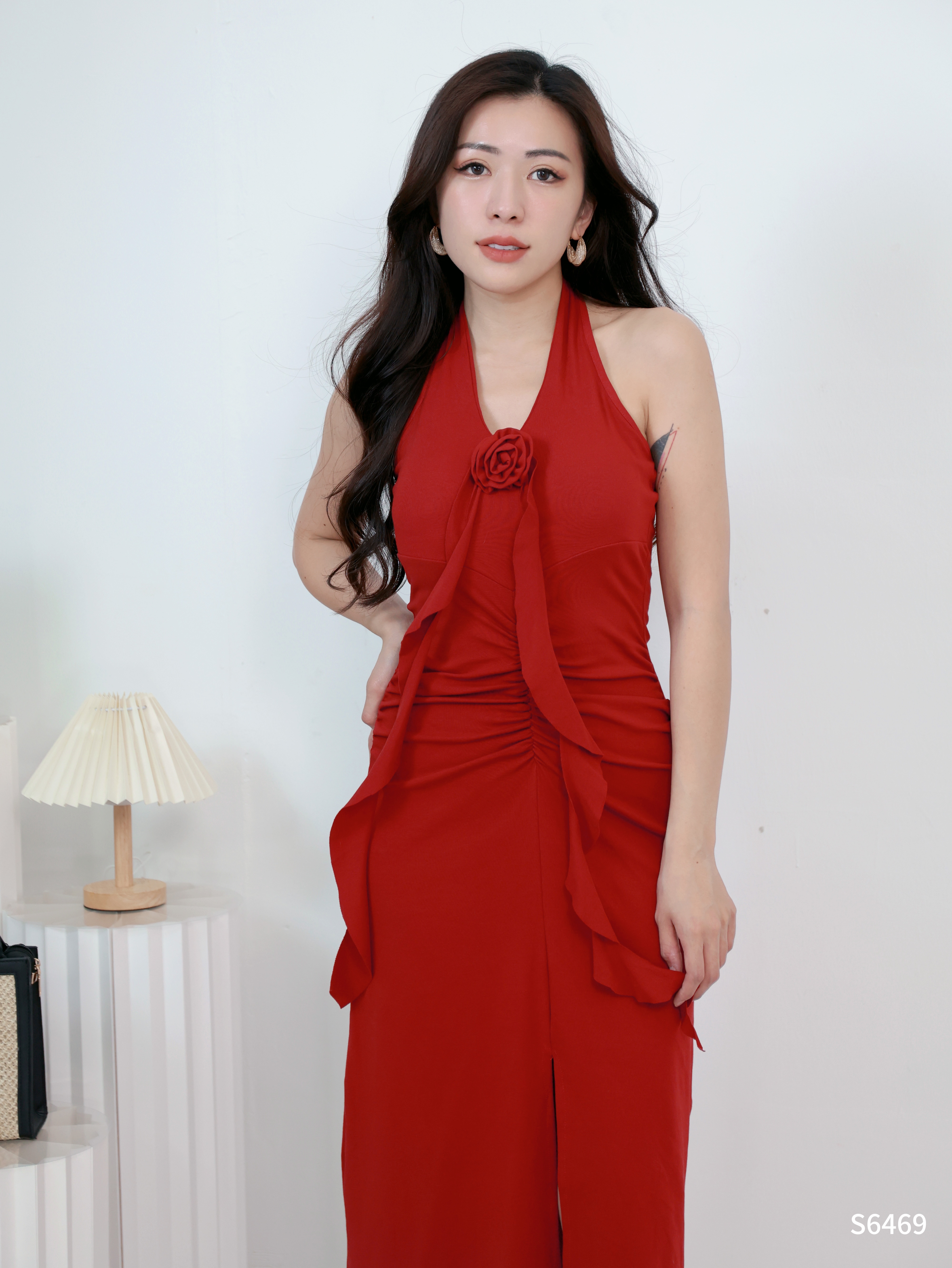 性感V领飘带花朵挂脖设计连身裙 (S6469)