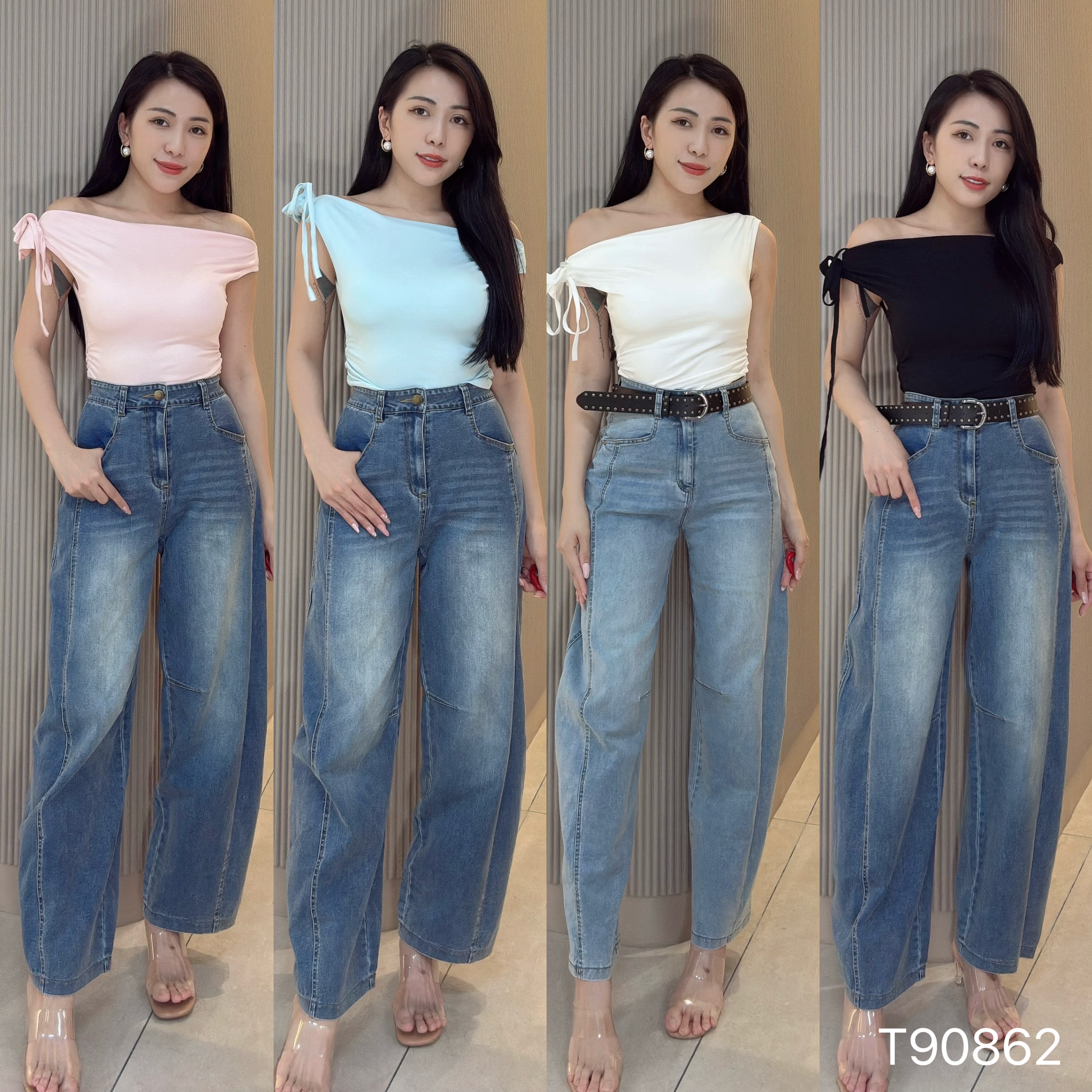 新品特价-性感辣妹风一字肩抹胸褶皱上衣 (T90862)