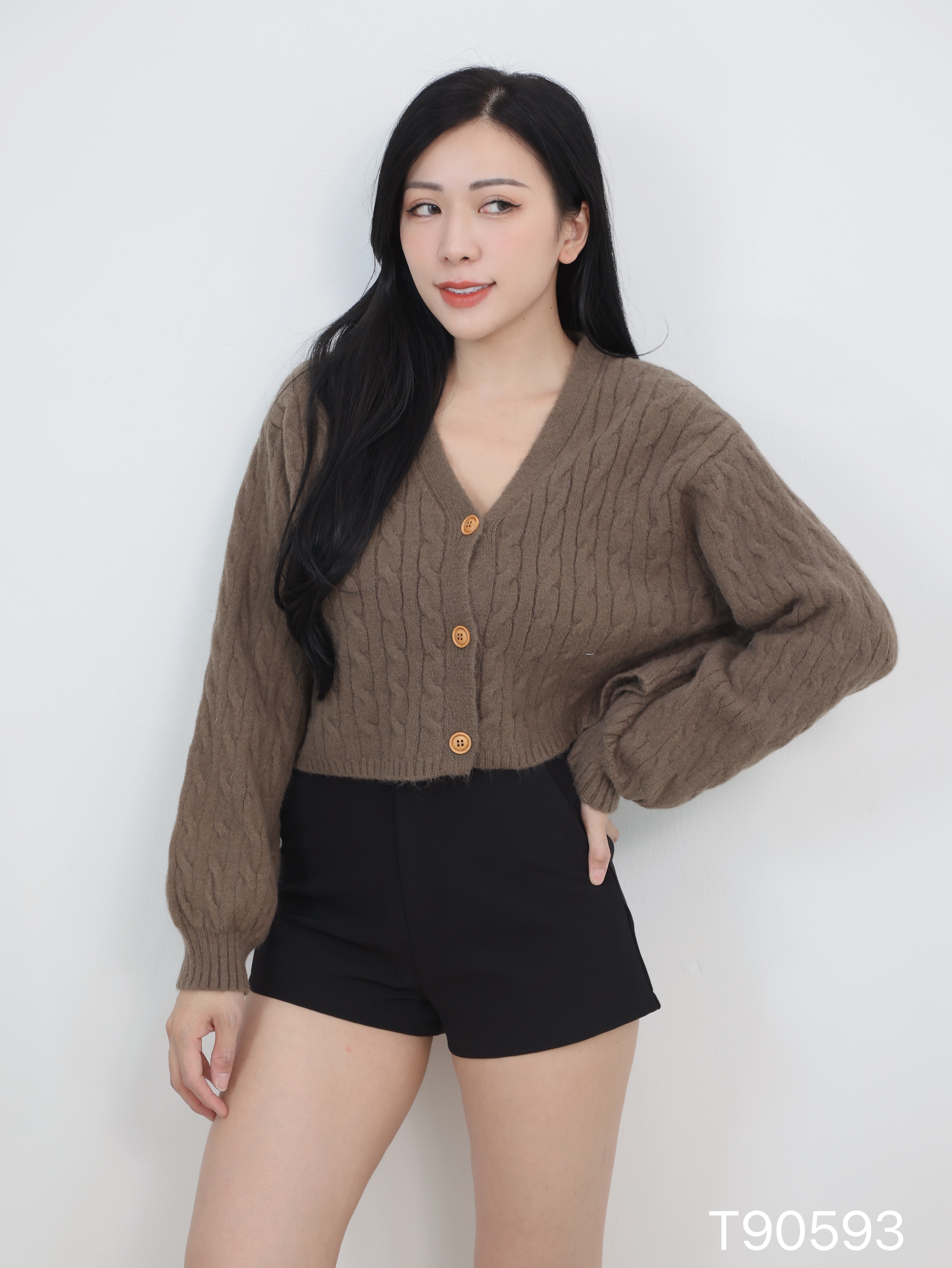 韩系纯色V领宽松长袖上衣 (T90593)