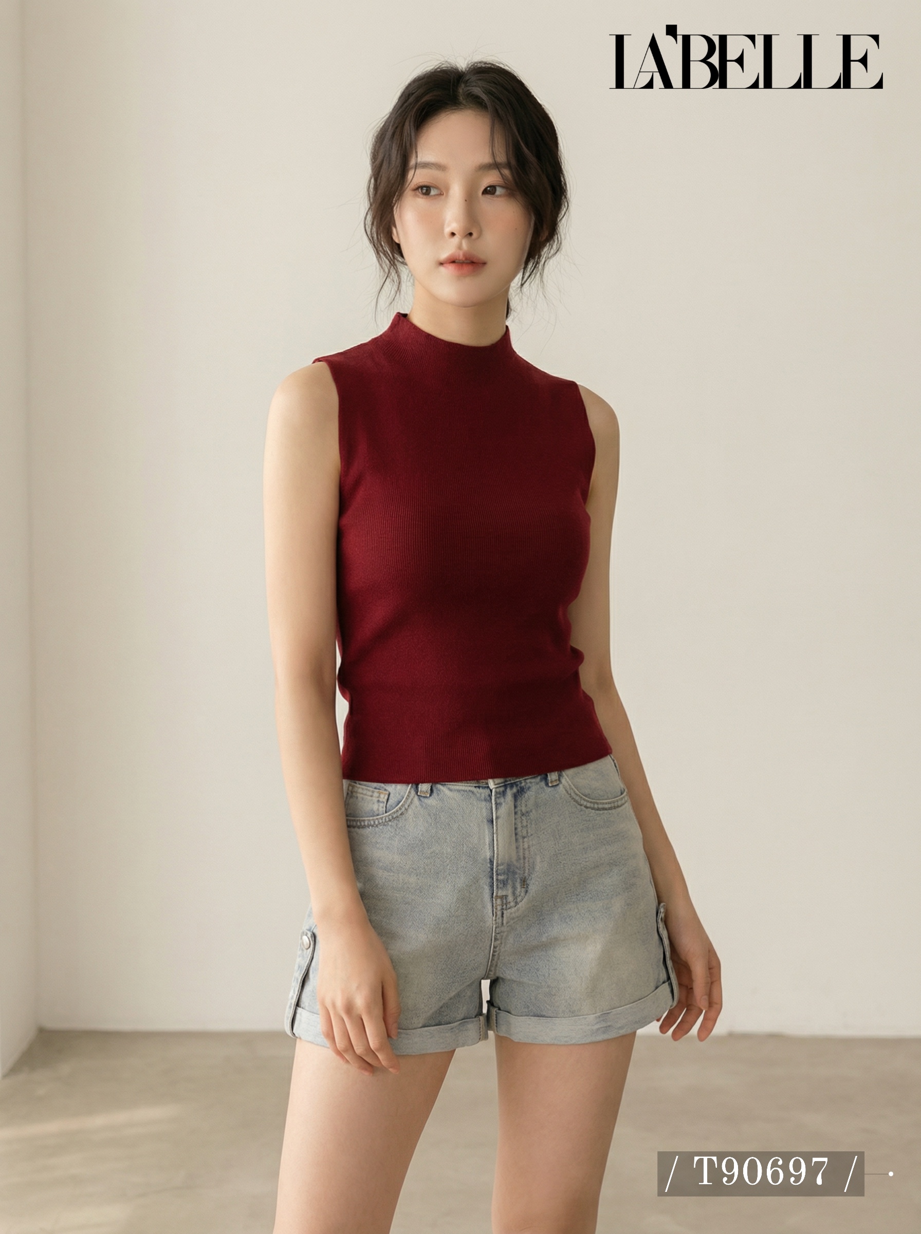 韩系纯色半高领针织无袖上衣 (T90697)