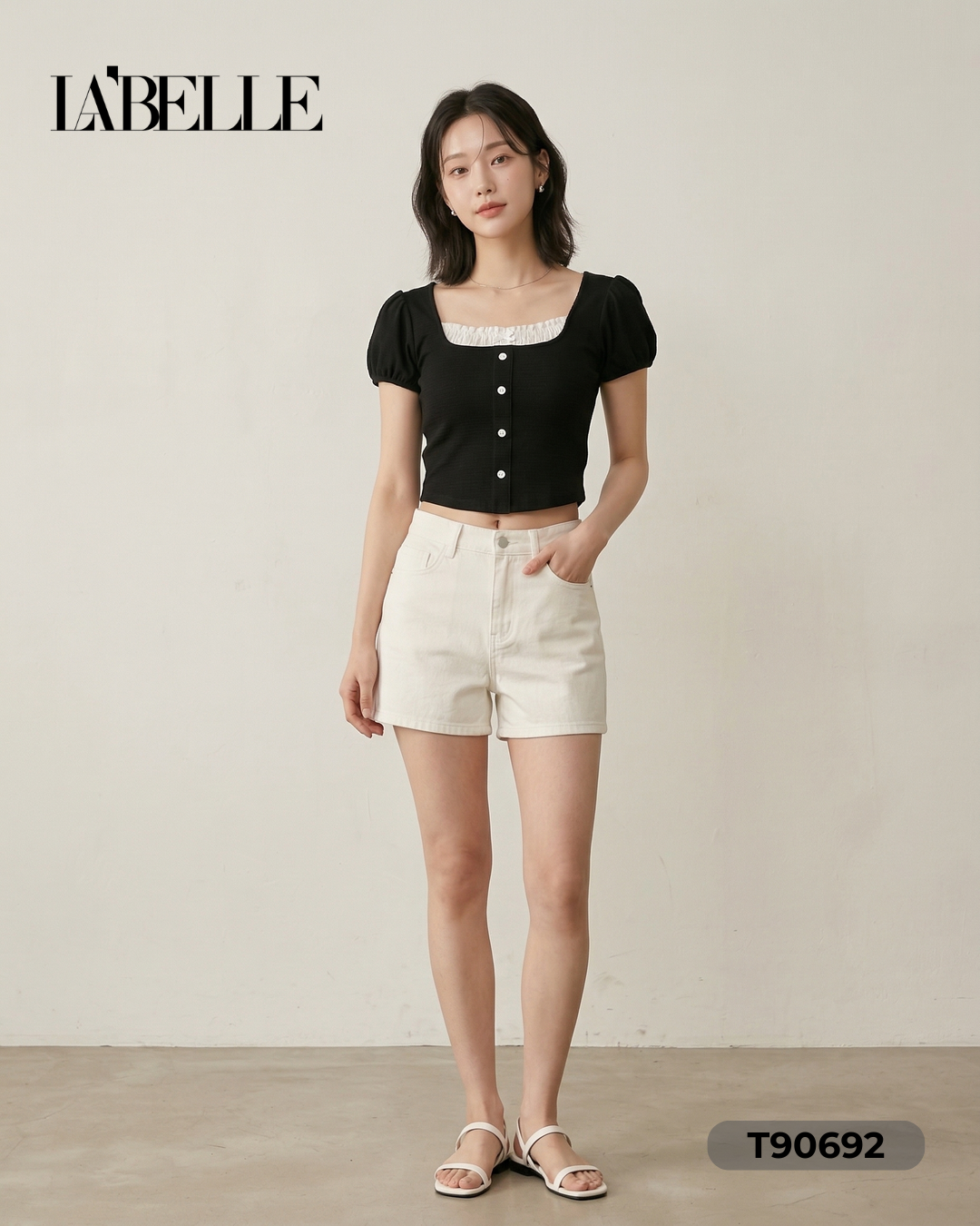 时尚洋气方领假两件泡泡袖上衣 (T90692)