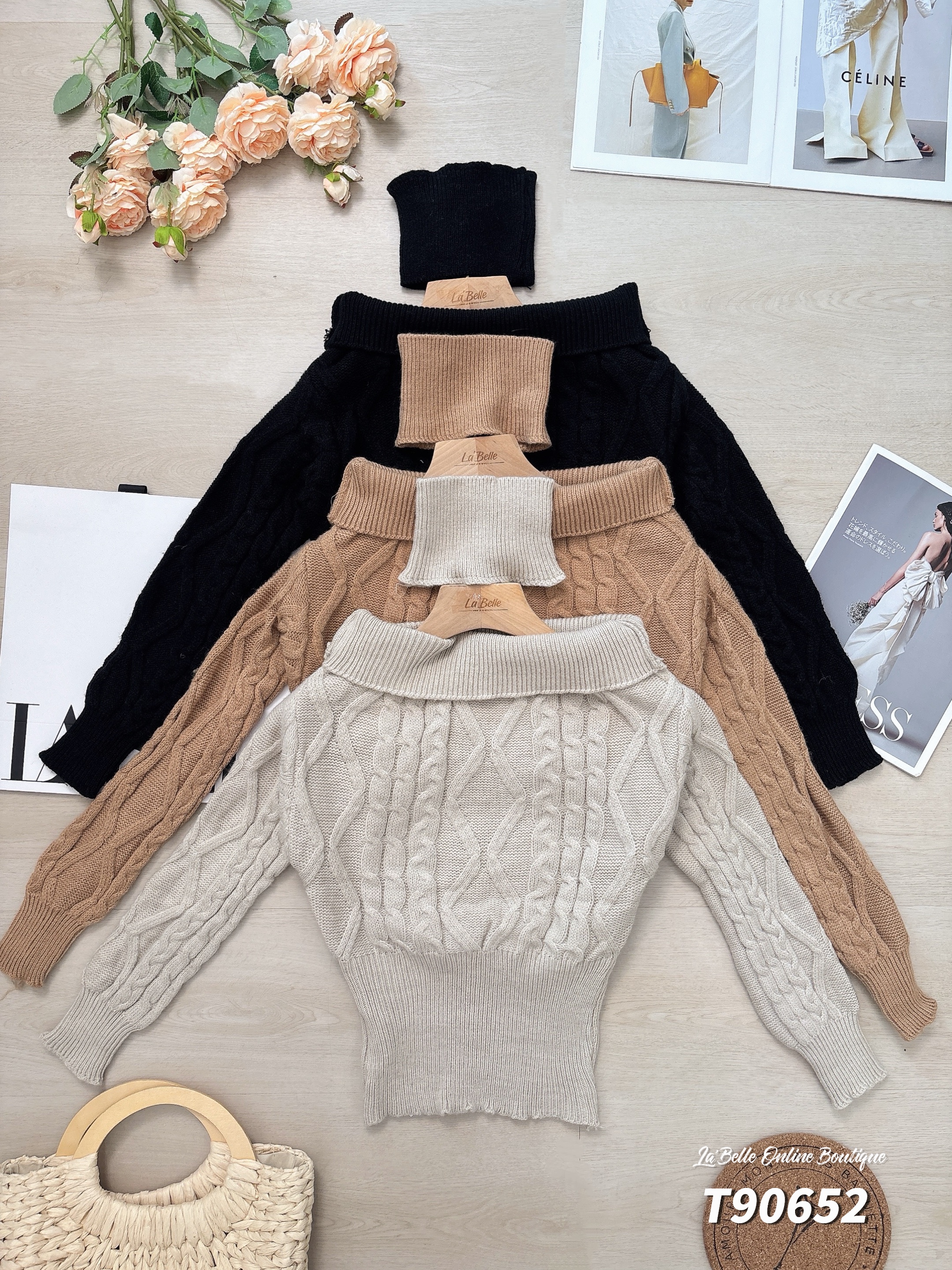 轻奢感麻花纹一字肩长袖上衣 (T90652)