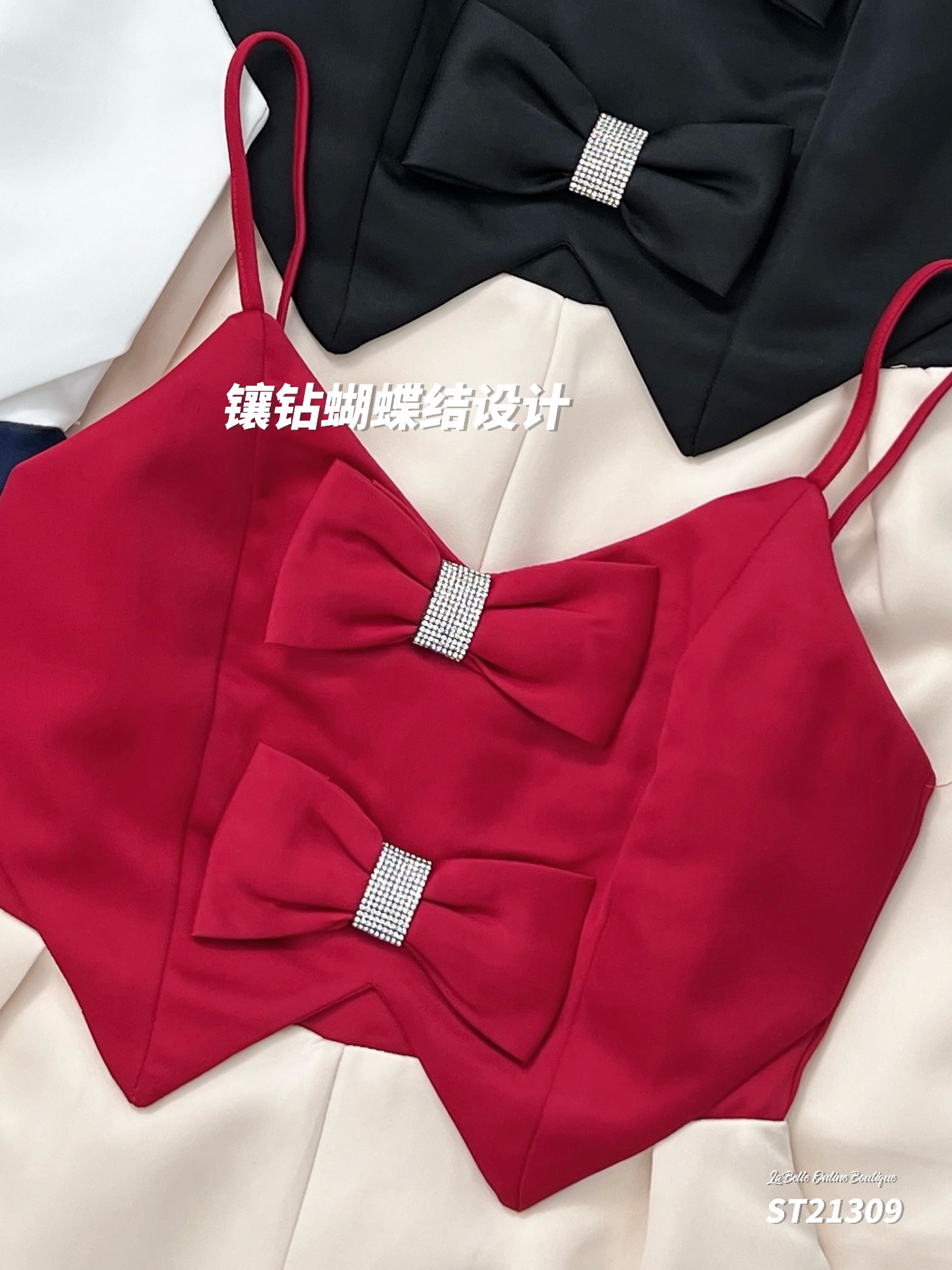 名媛风镶钻蝴蝶结设计吊带连身裤 (ST21309)