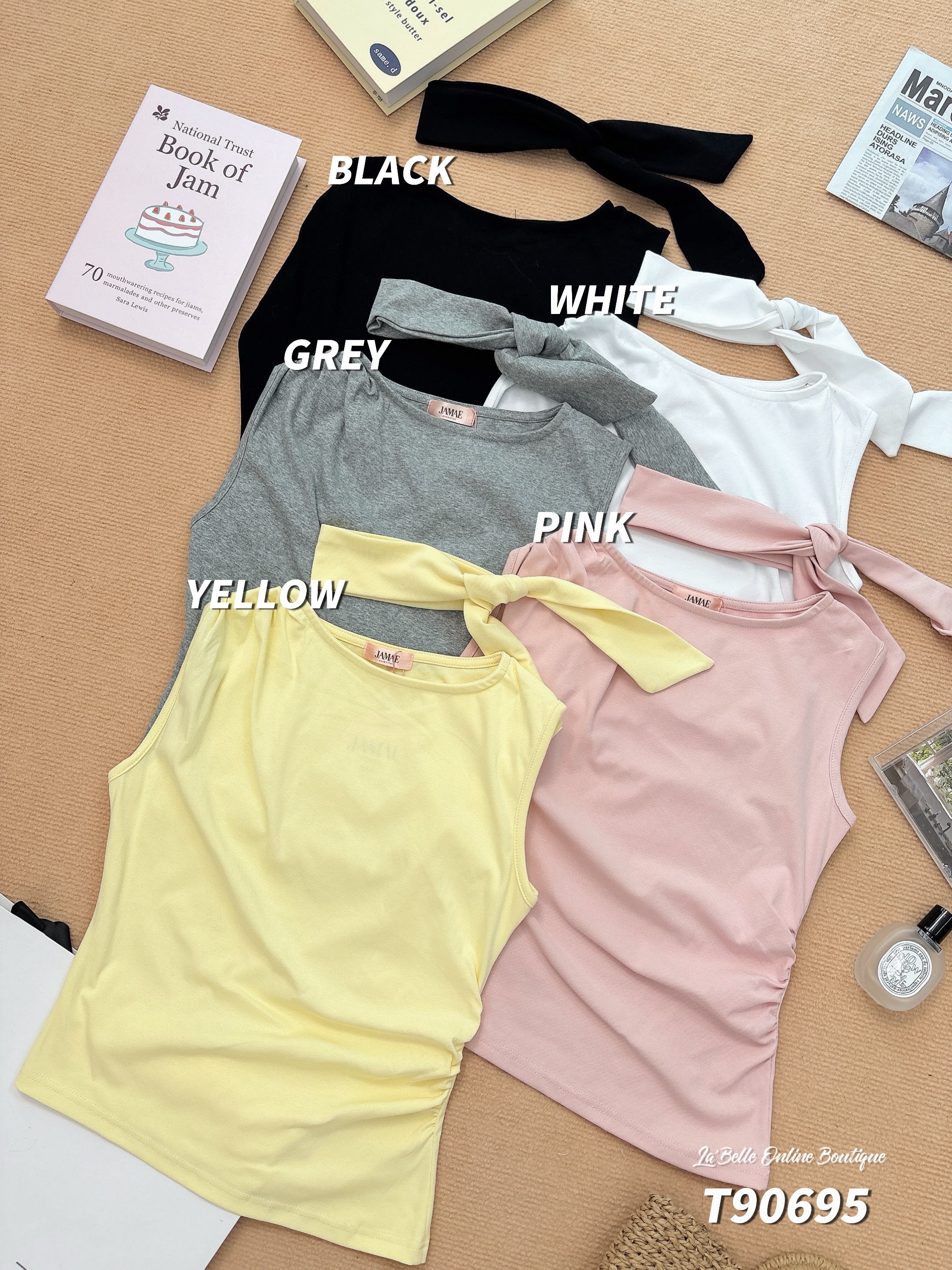 法式圆领压皱设计无袖上衣 (T90695)