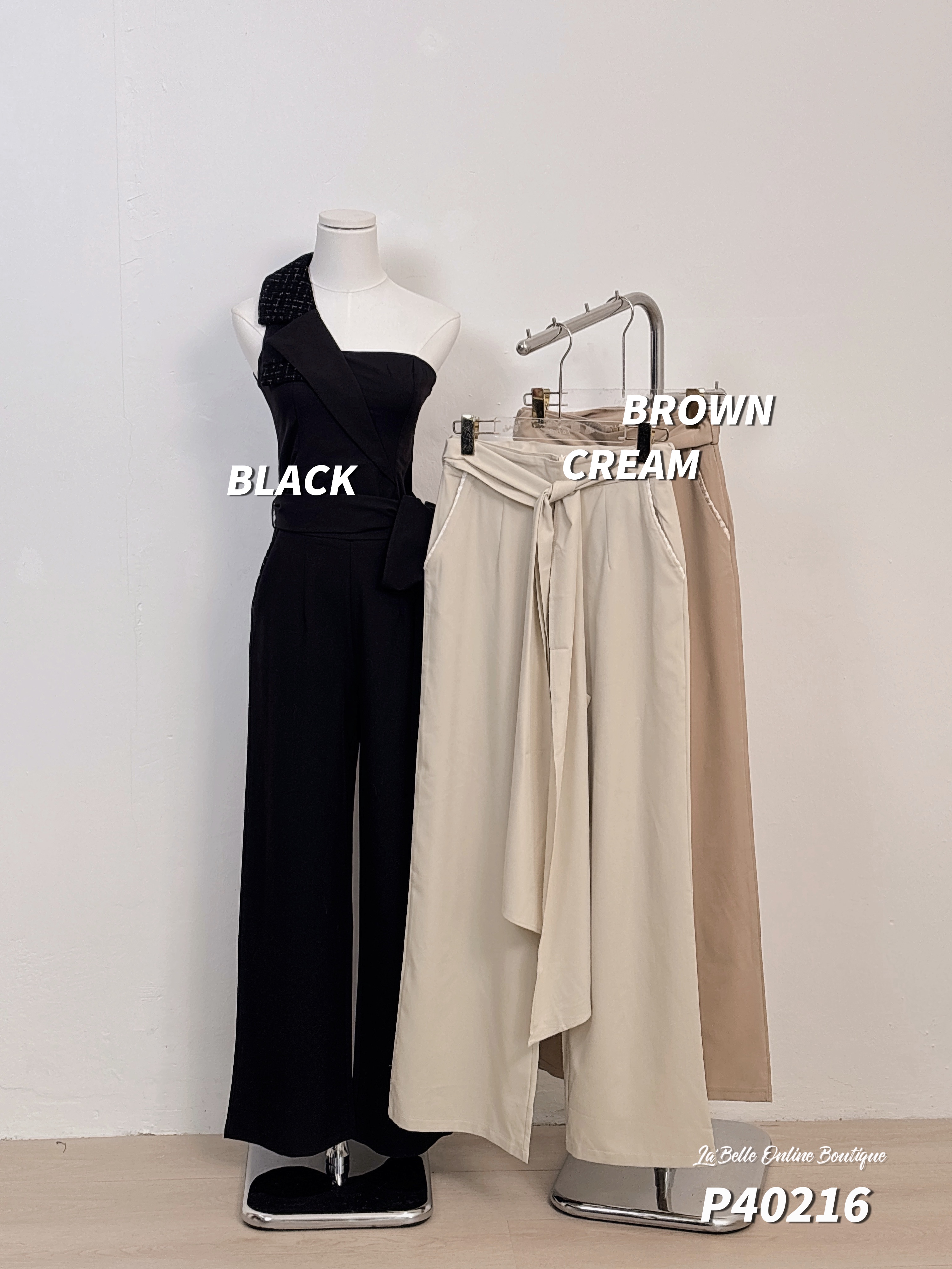 【LATTE NOON】时尚系带明线设计阔腿高腰长裤   (P40216)