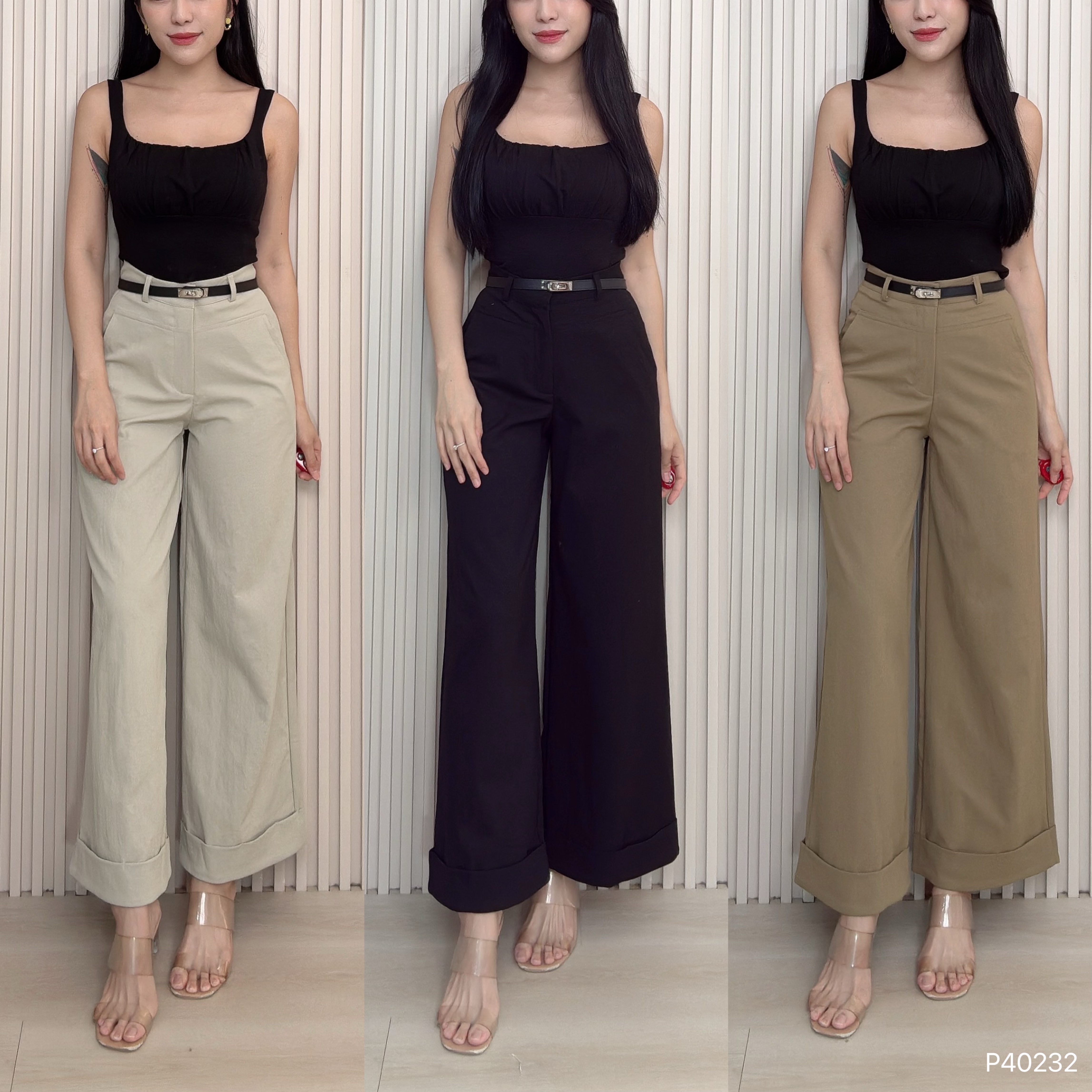 韩系卷边直筒设计高腰长裤 （P40232）