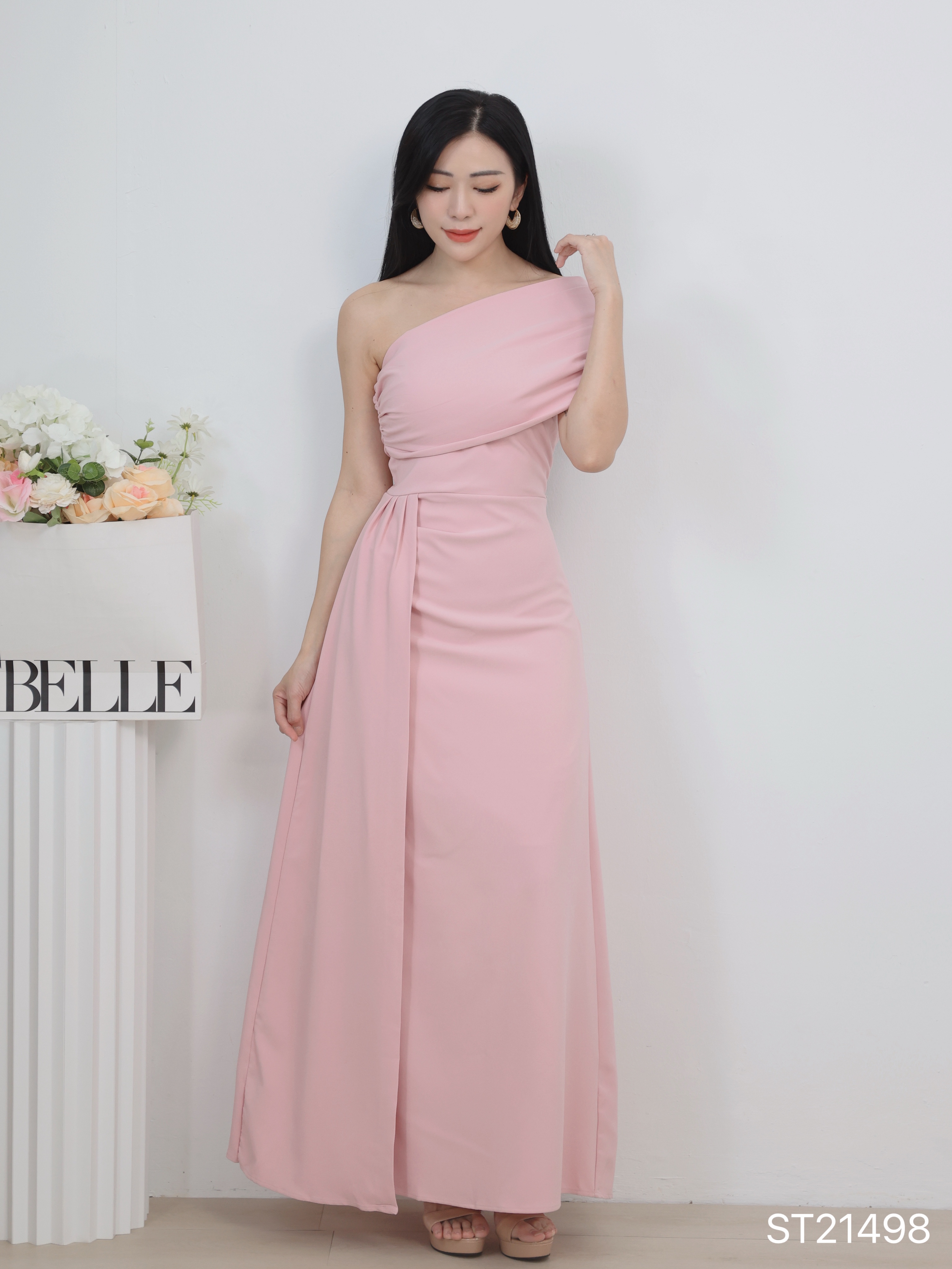 绝美一字斜肩压褶设计抹胸宴会连身裙 (ST21498)