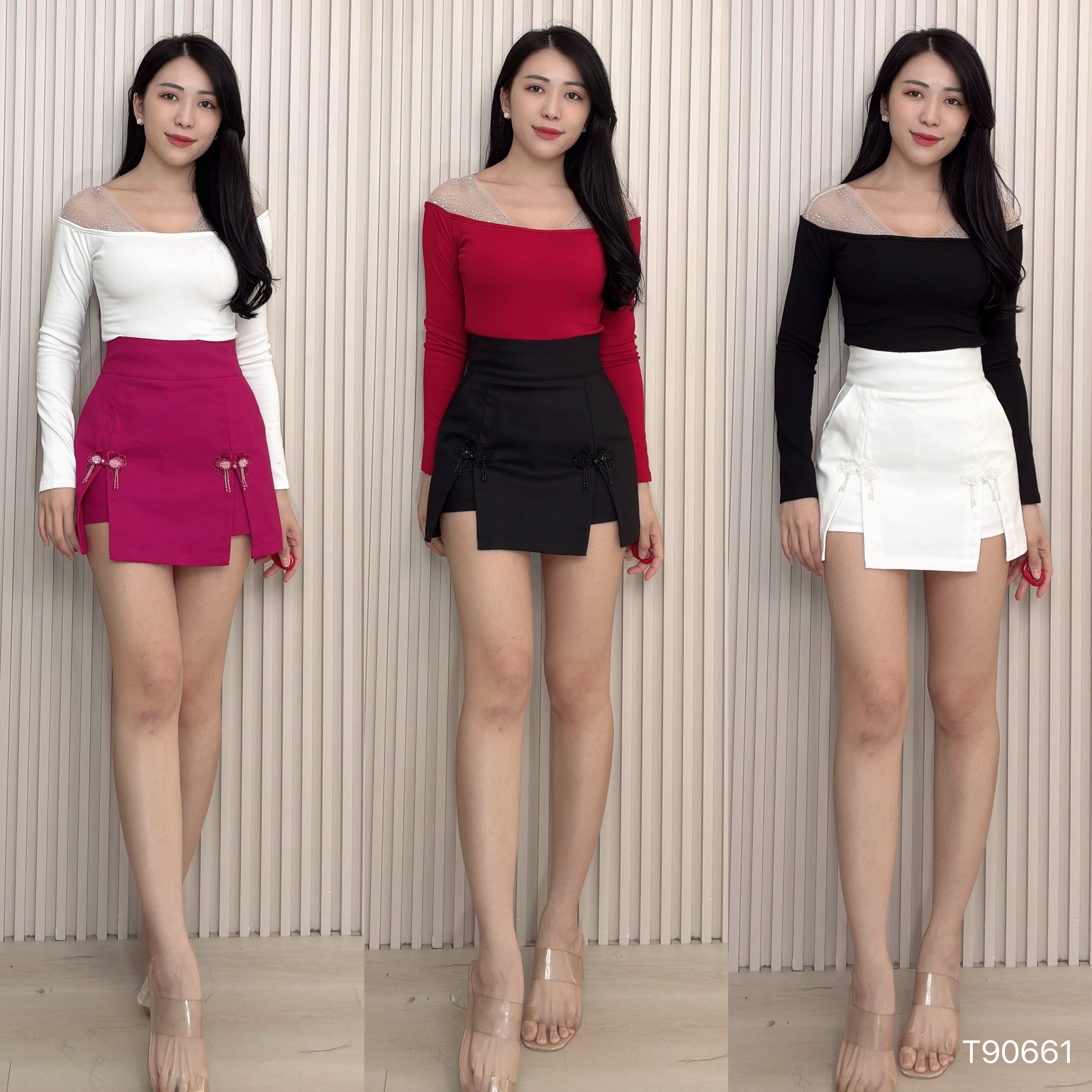 绝美V领烫钻拼接设计长袖上衣 (T90661)