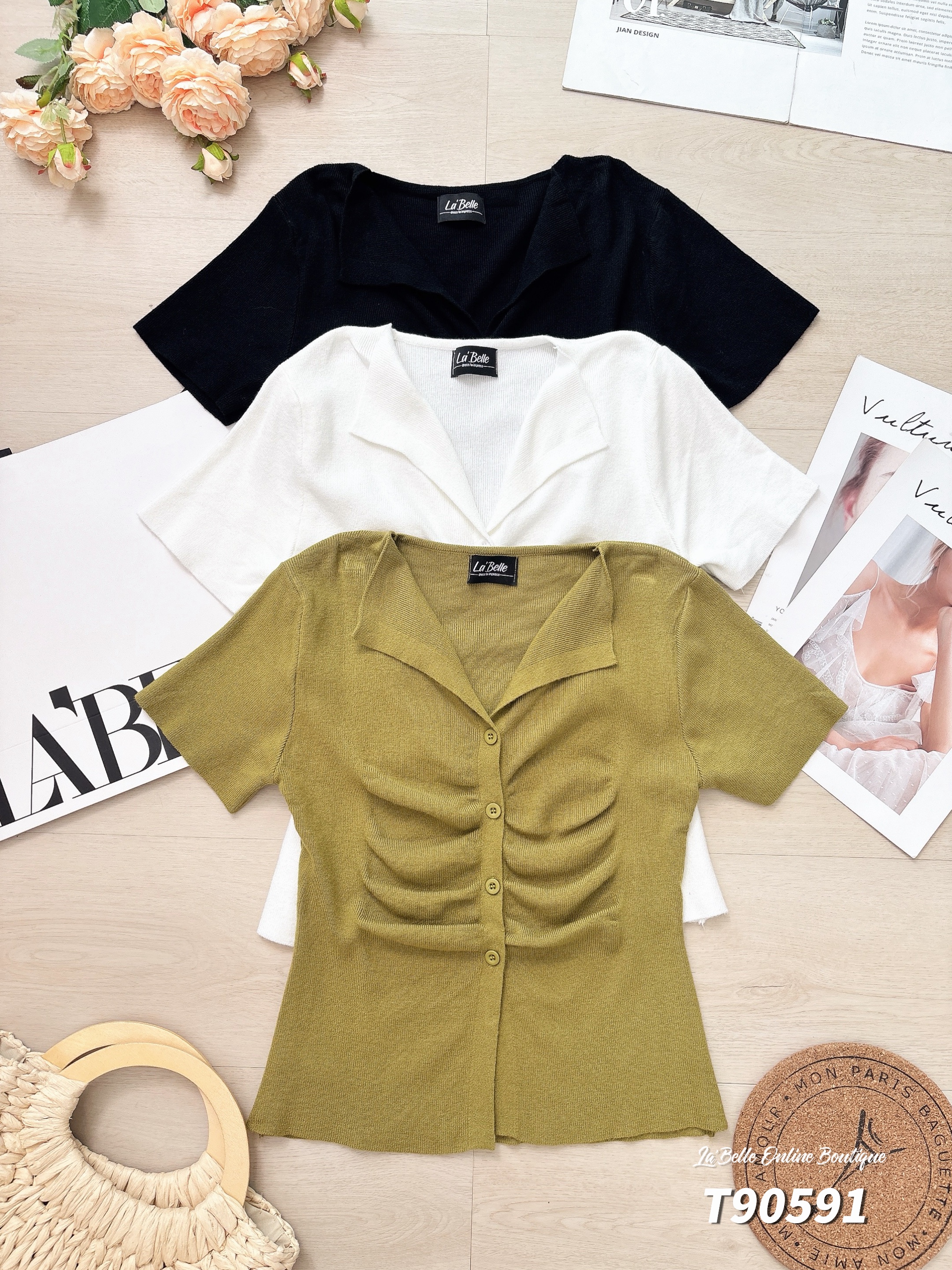 百搭V领褶皱设计开扣式上衣 (T90591)