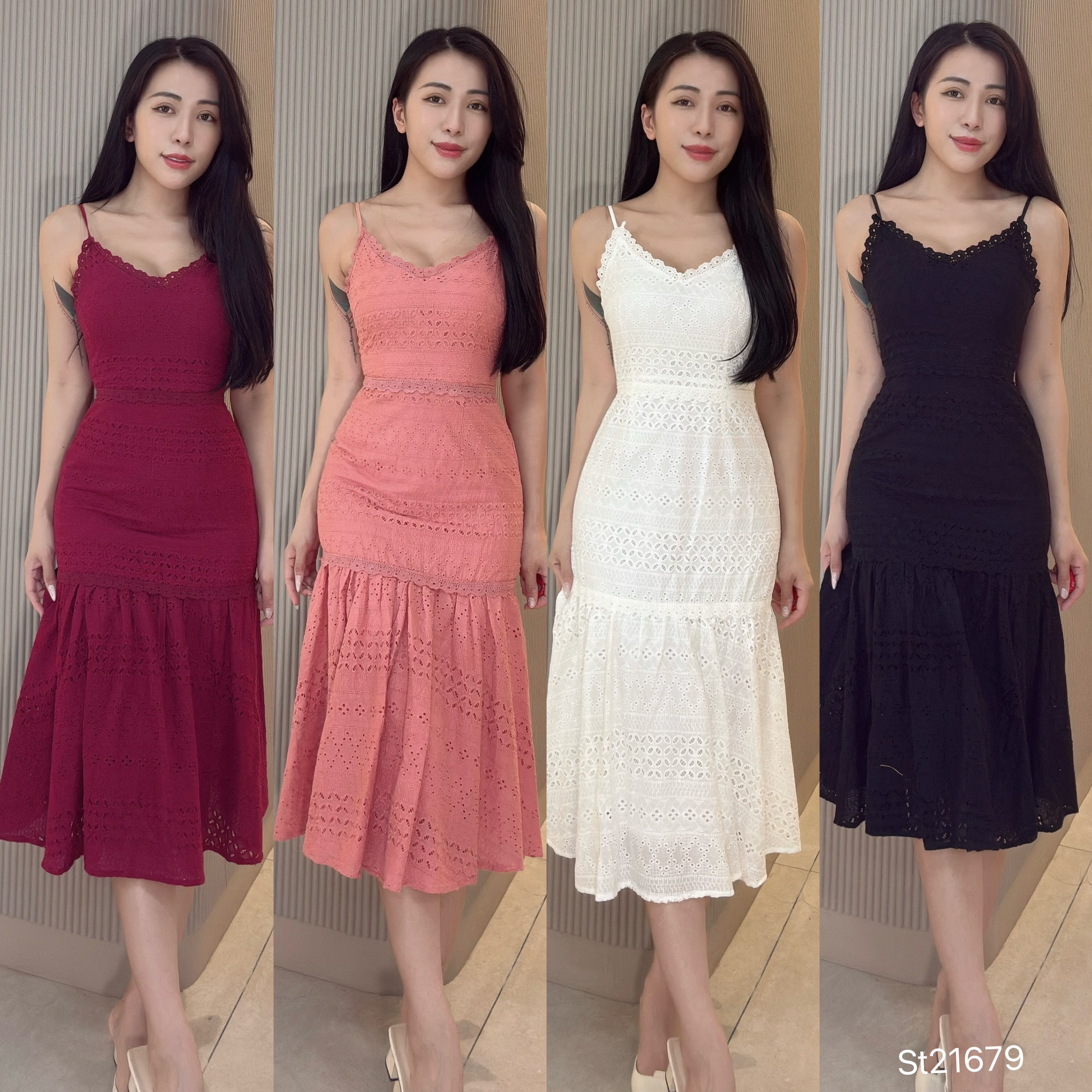 新品优惠-度假风V领蕾丝花边吊带连身裙 (ST21679)