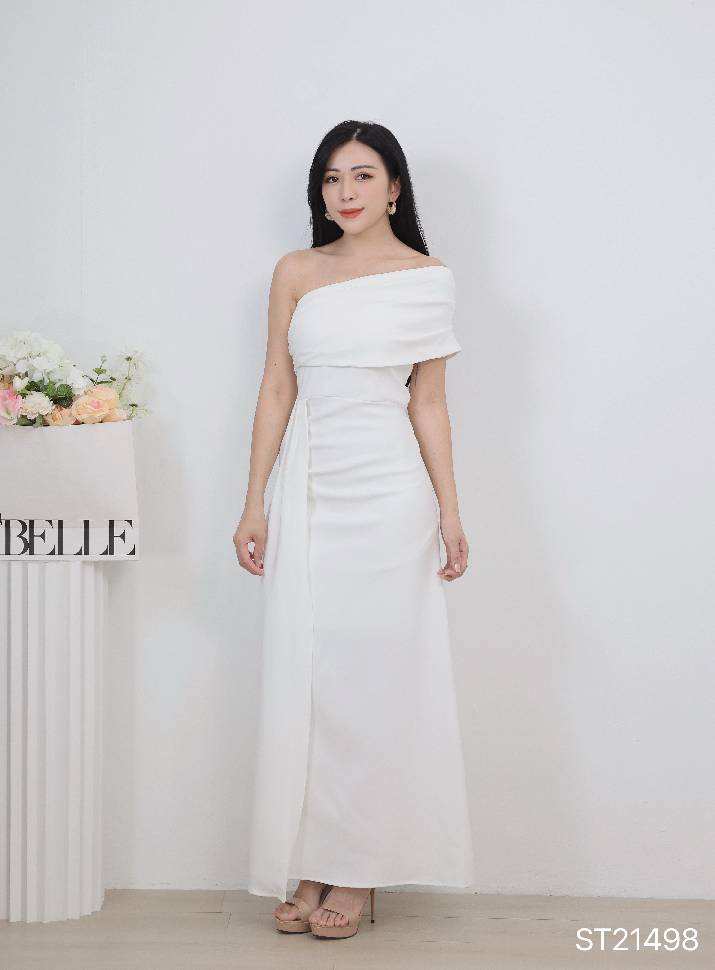 绝美一字斜肩压褶设计抹胸宴会连身裙 (ST21498)