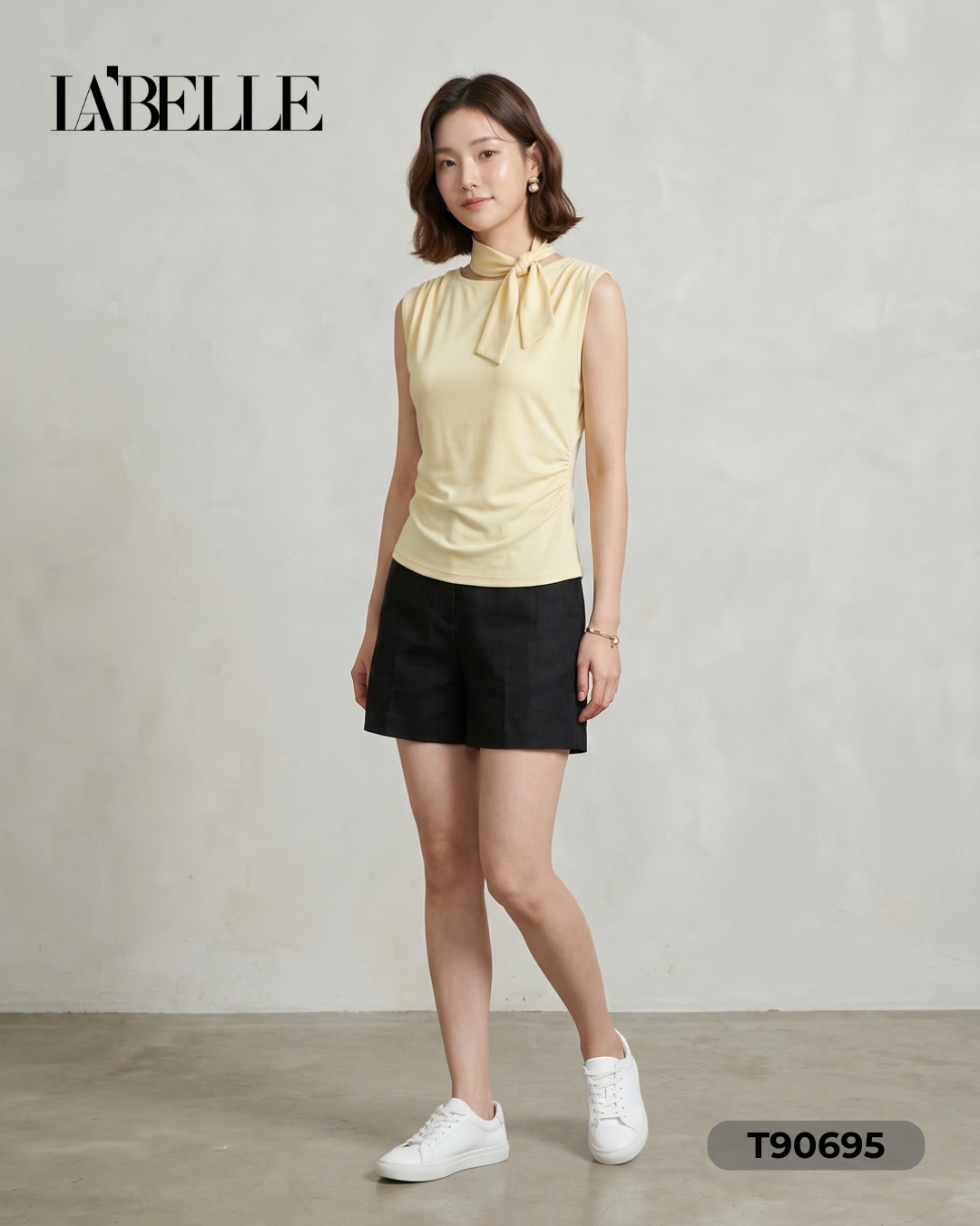 法式圆领压皱设计无袖上衣 (T90695)