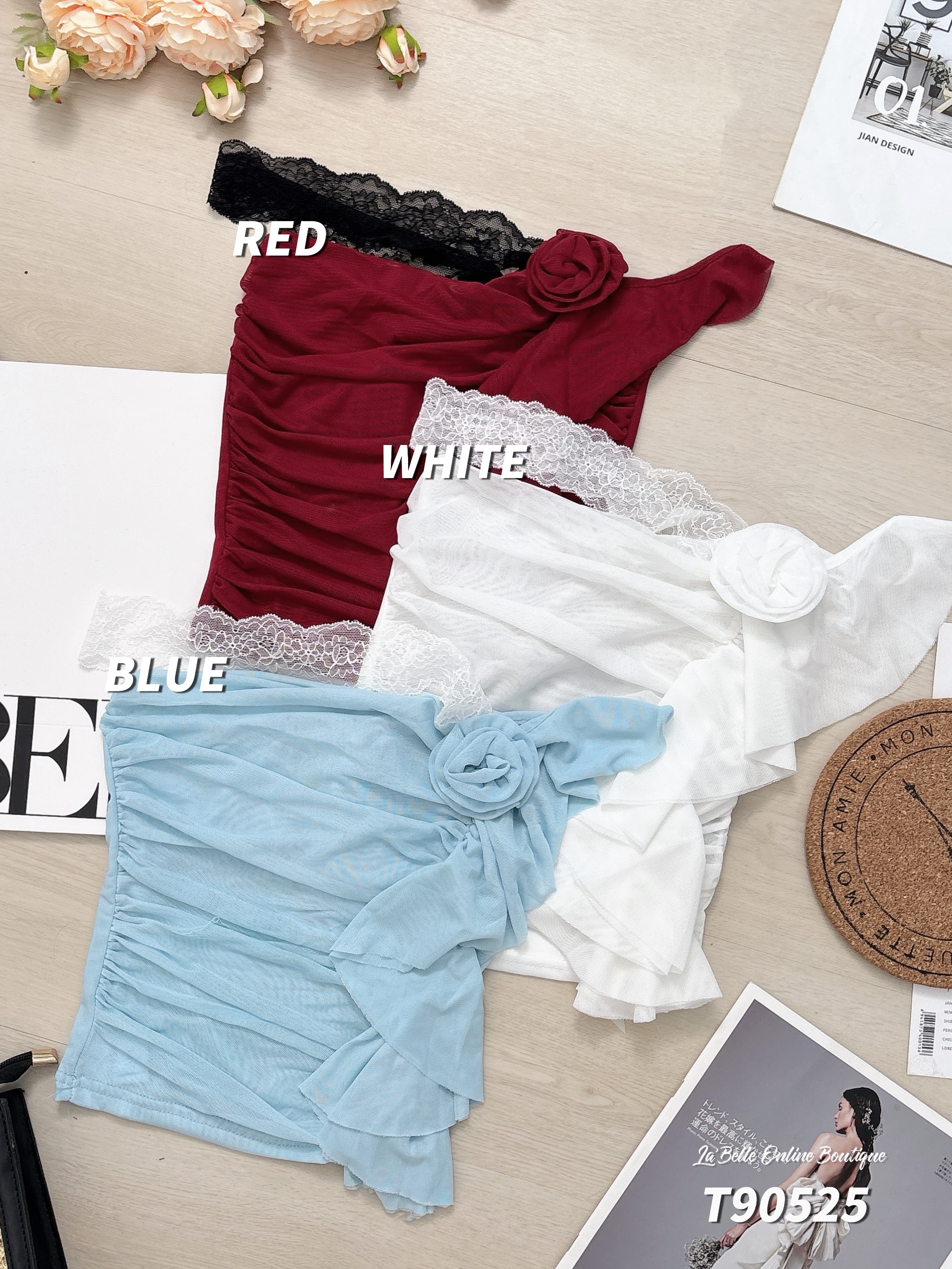 性感不规则蕾丝荷叶边设计抹胸上衣 (T90525)