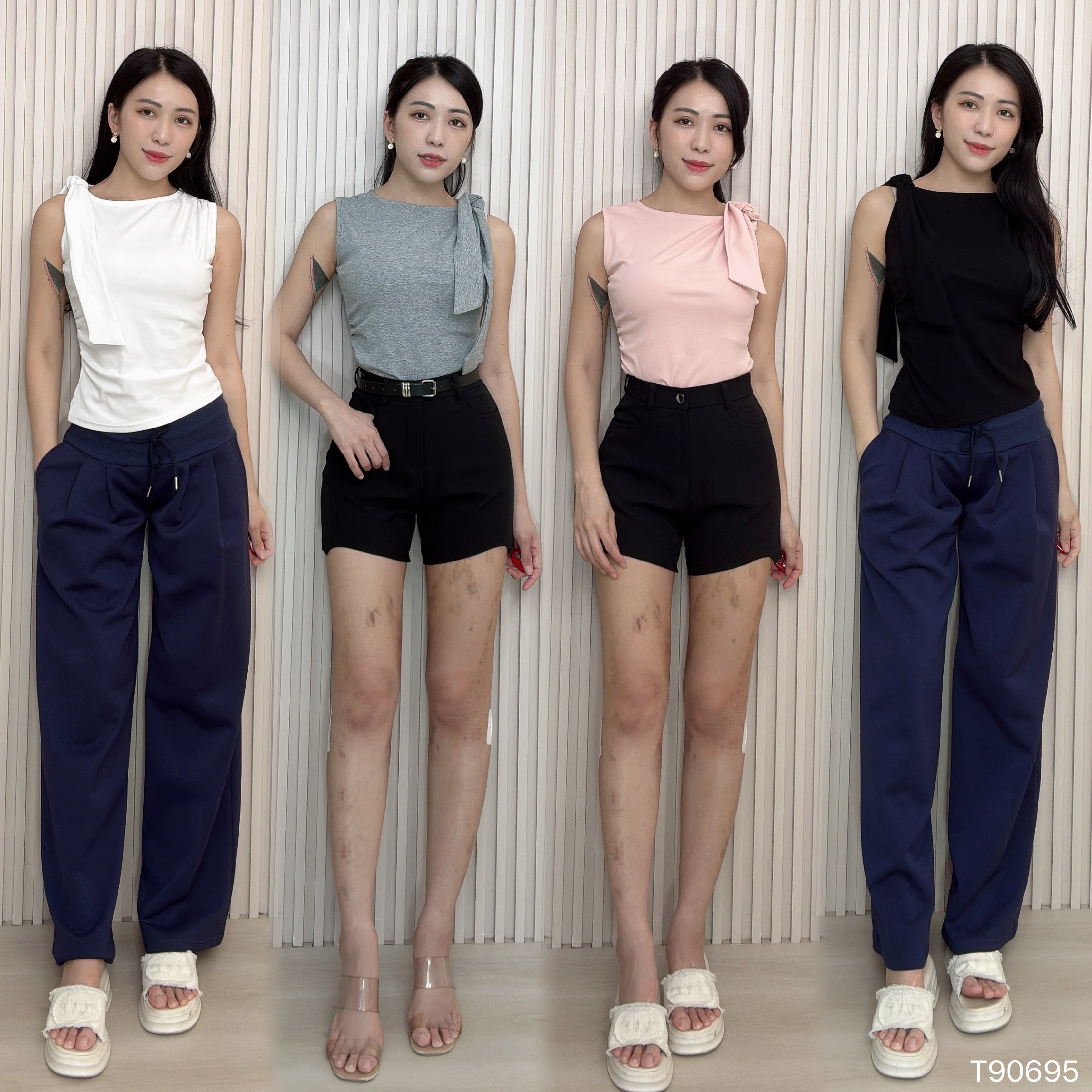 法式圆领压皱设计无袖上衣 (T90695)