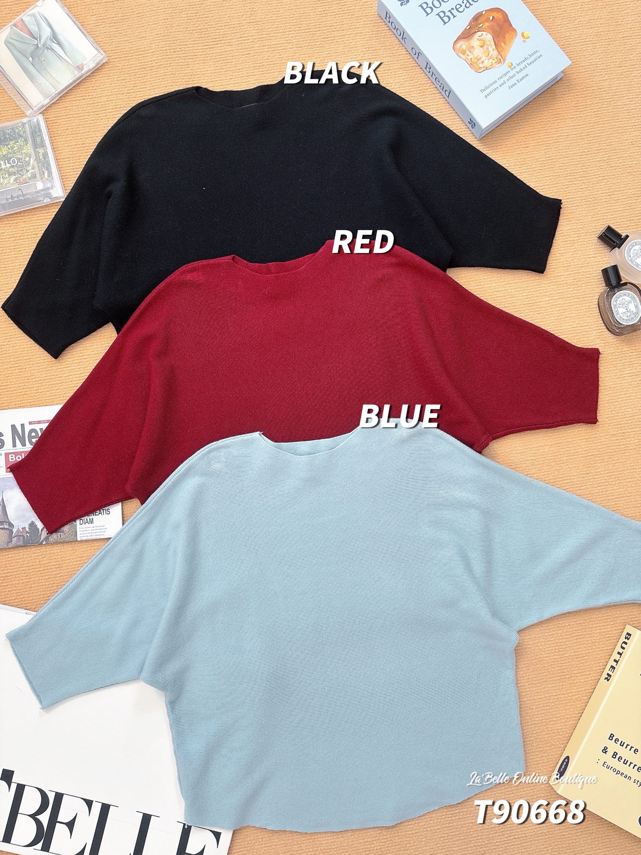 慵懒风宽松圆领中长袖上衣 (T90668)