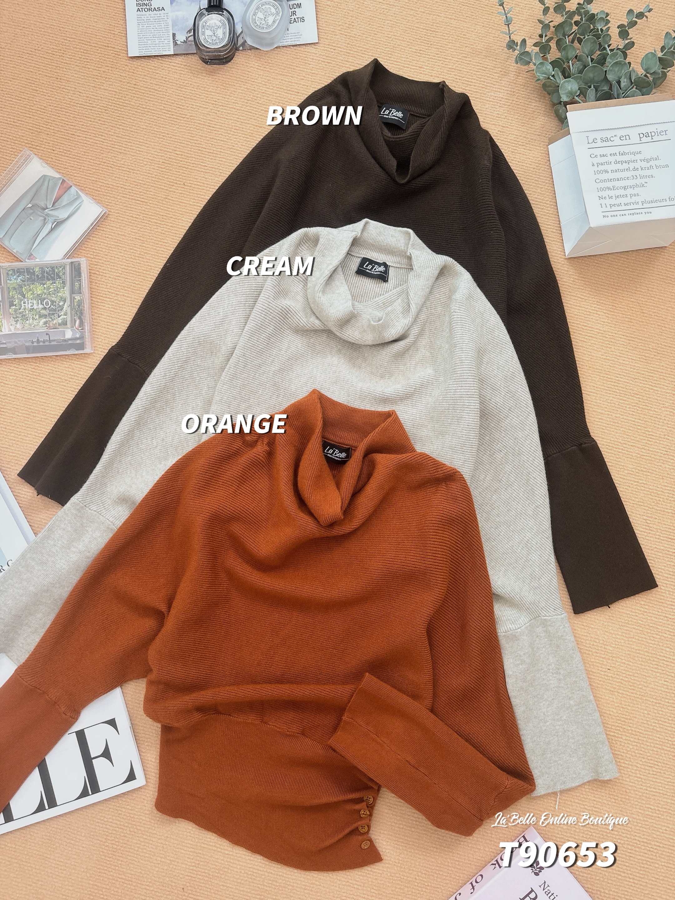 赫本风高领蝙蝠袖设计上衣 (T90653)