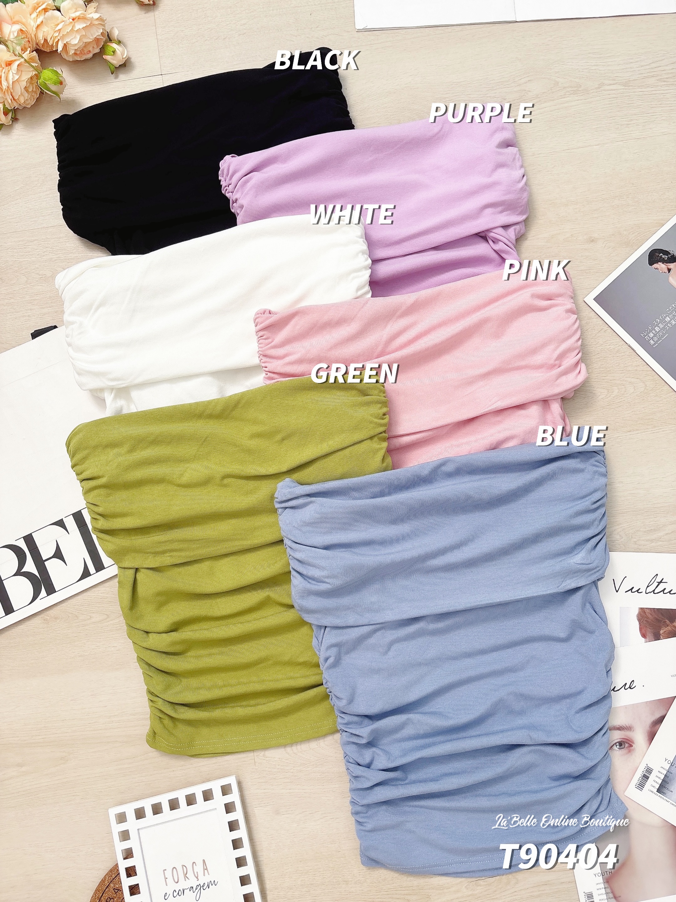 韩系卷边一字肩褶皱设计上衣 (T90404)