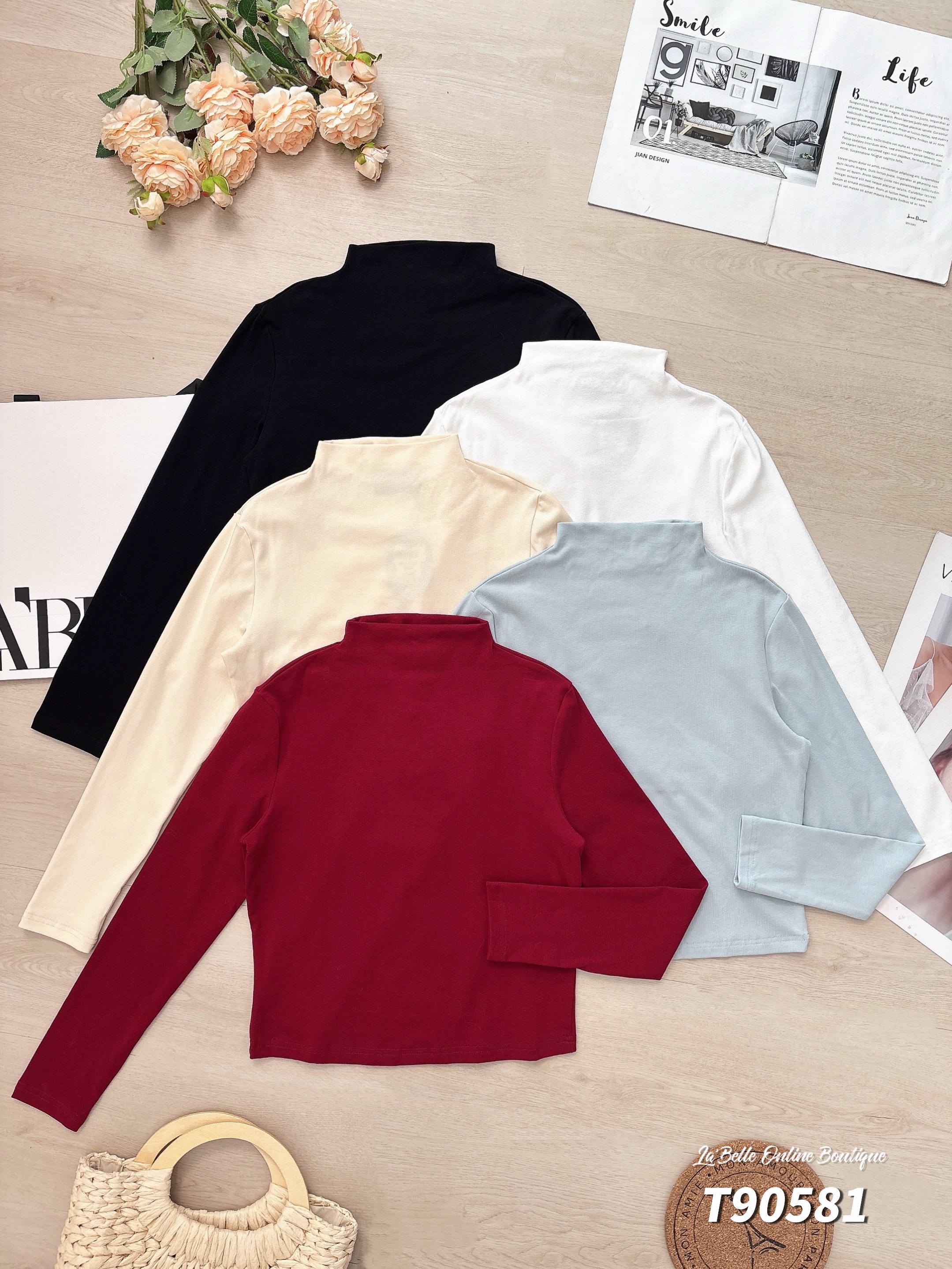 百搭纯色半高领长袖上衣 (T90581)