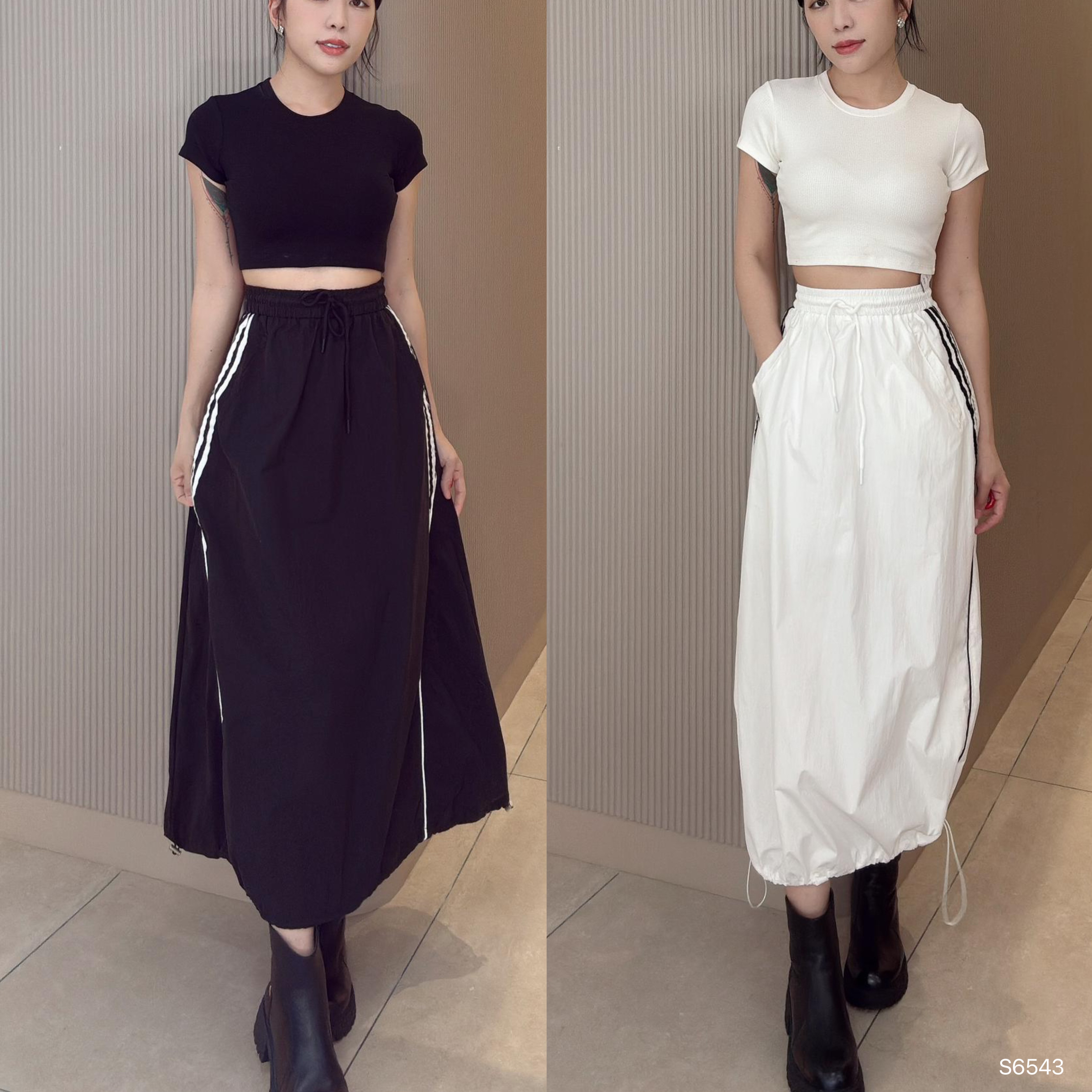 设计感A字抽绳设计高腰半身裙 (S6543)