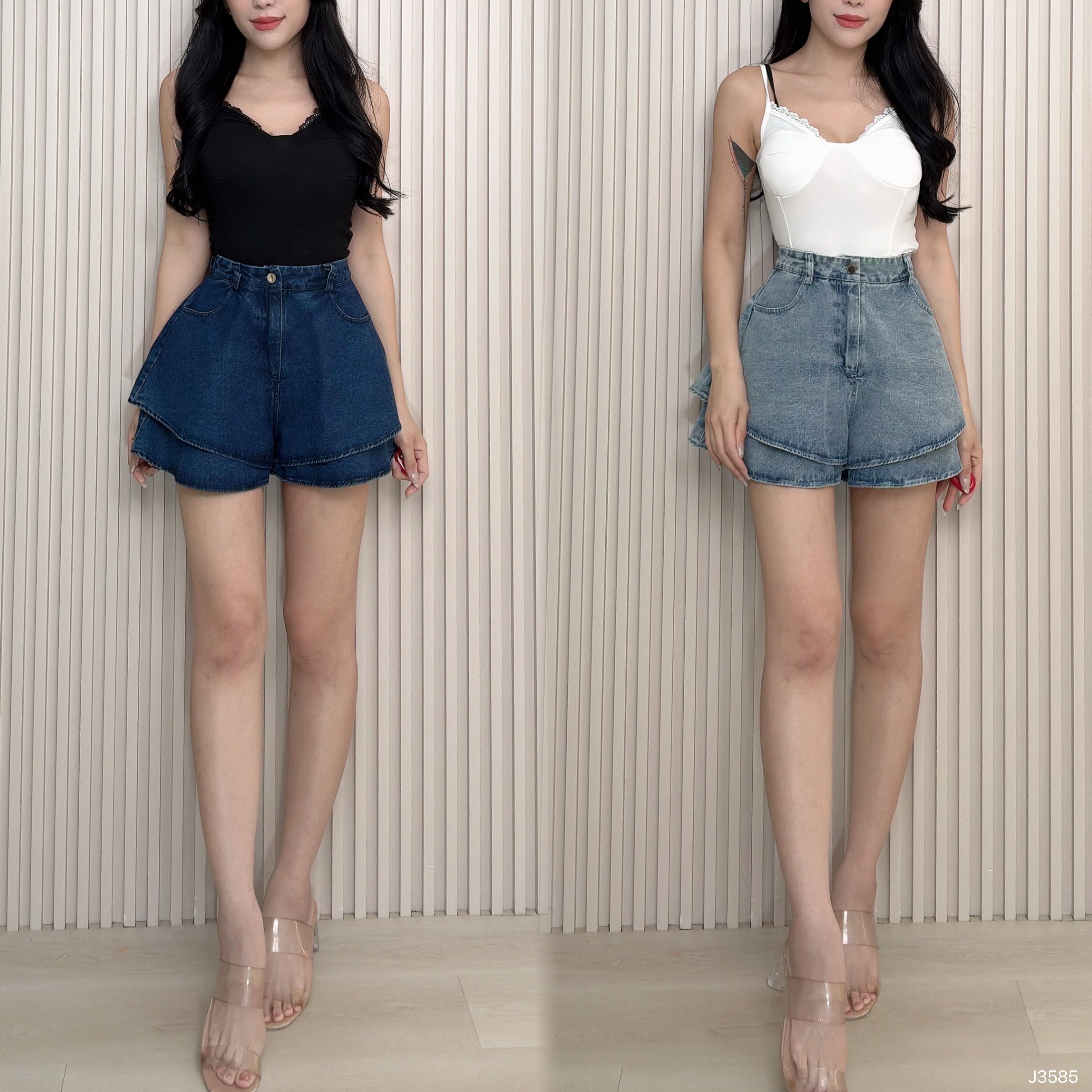 百搭假两件荷叶边阔腿高腰短裤 (J3585)