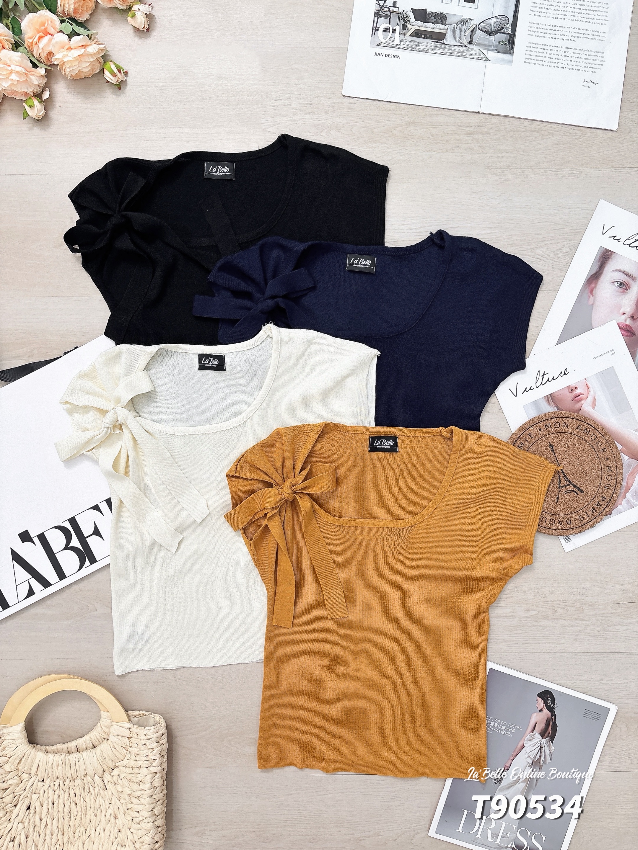 简约百搭半袖方领上衣 (T90534)