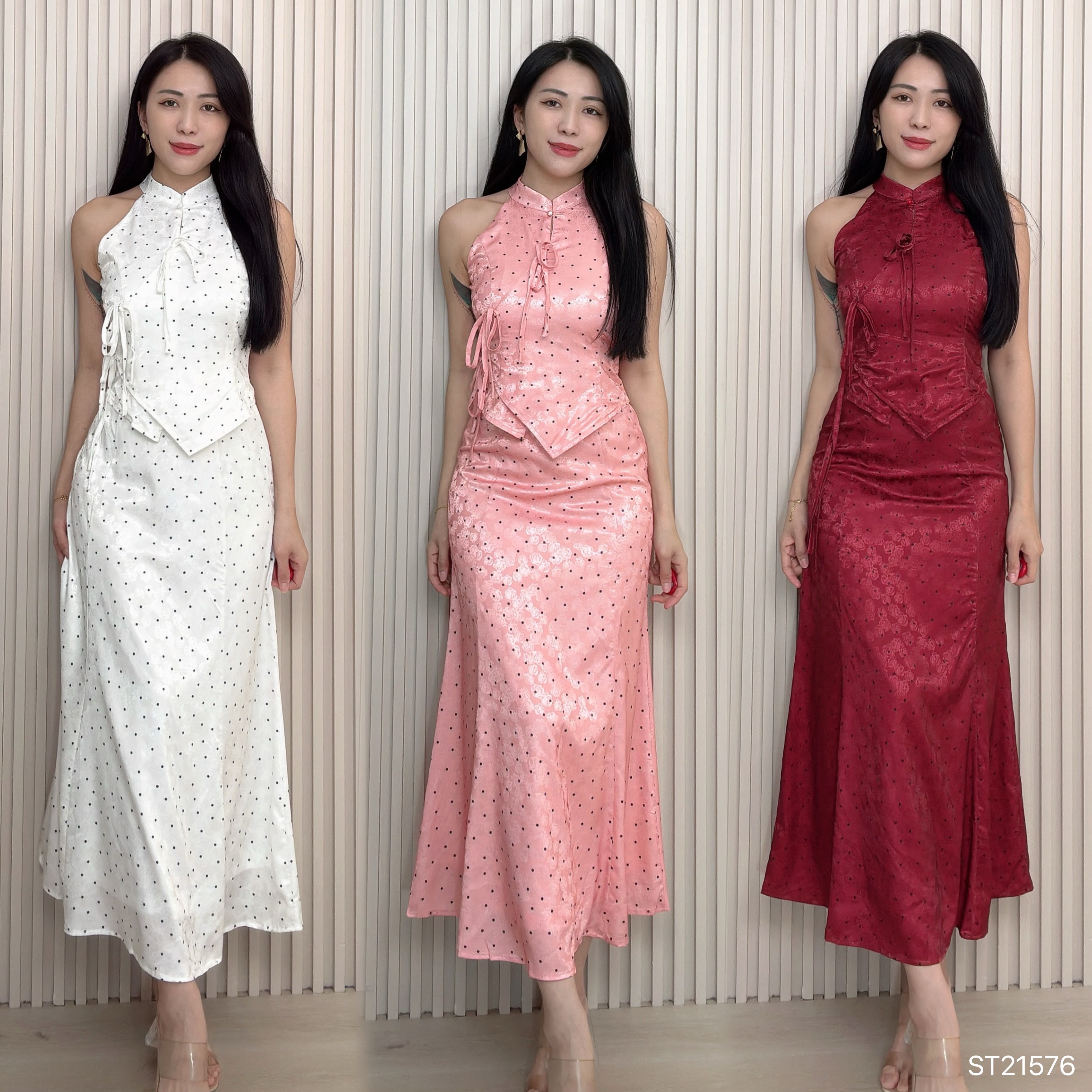 复古波点旗袍两件套  (ST21576)