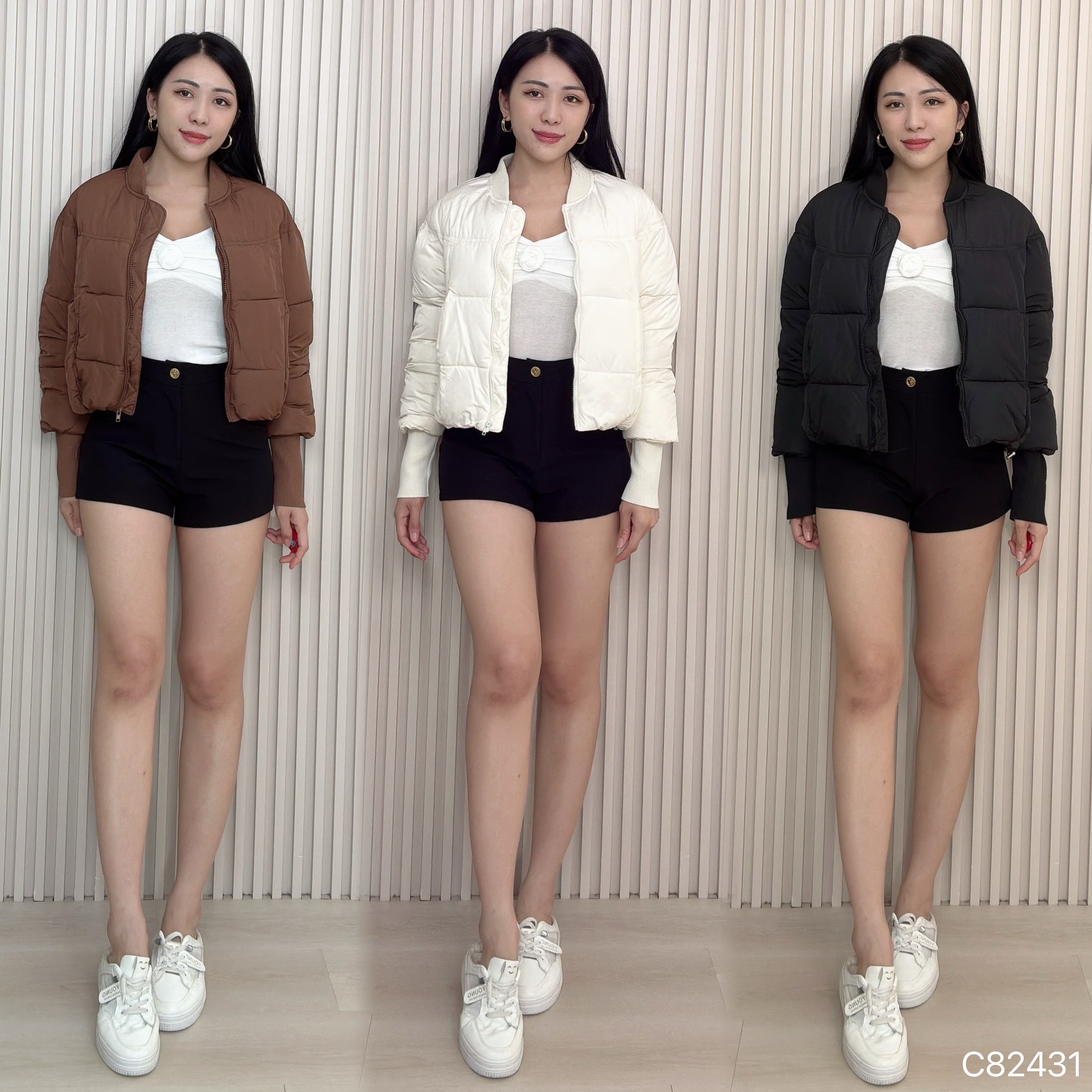 棒球领抽绳设计短款羽绒外套 (C82431)