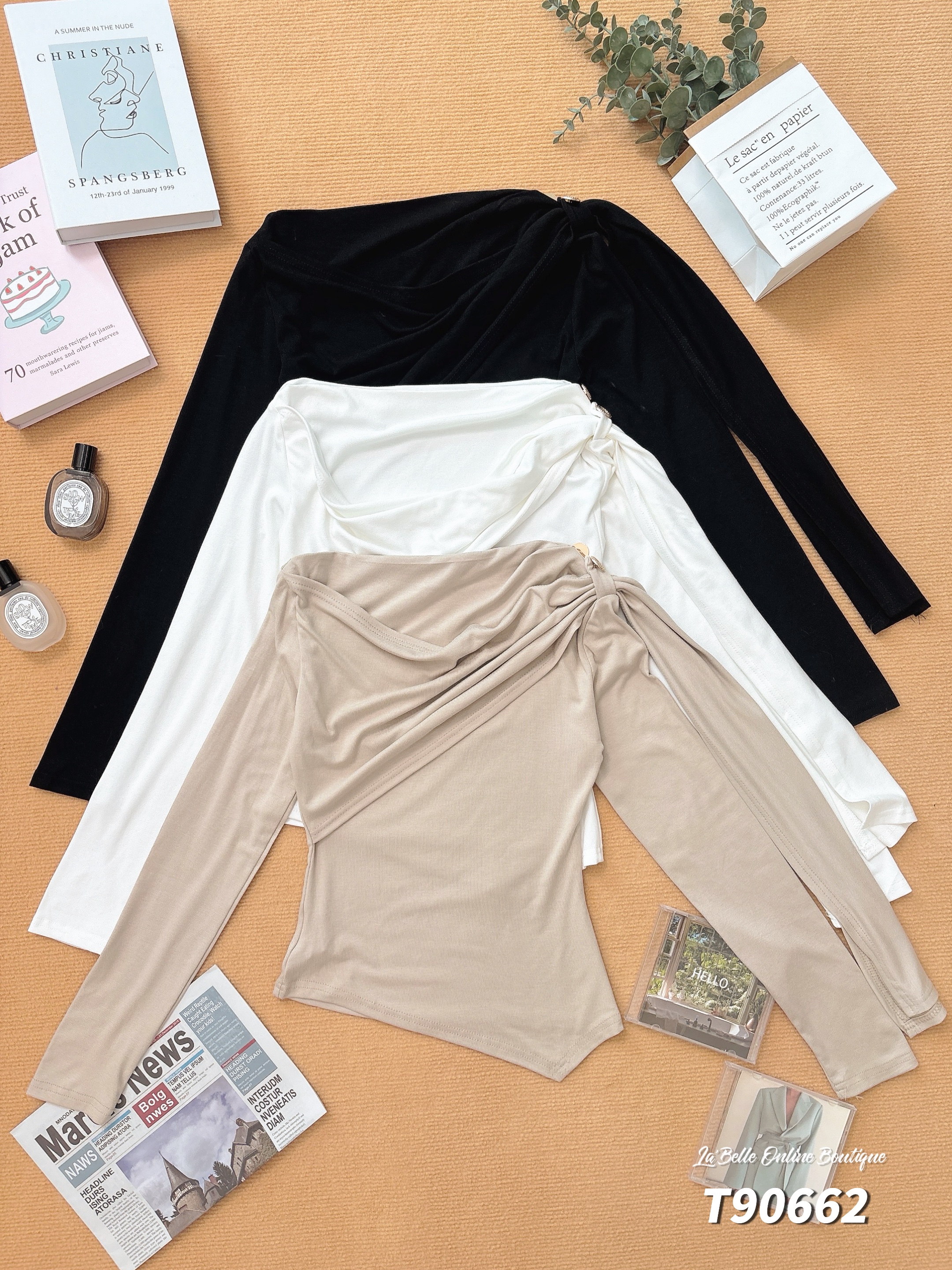 设计感拼接飘带斜领长袖上衣 (T90662)