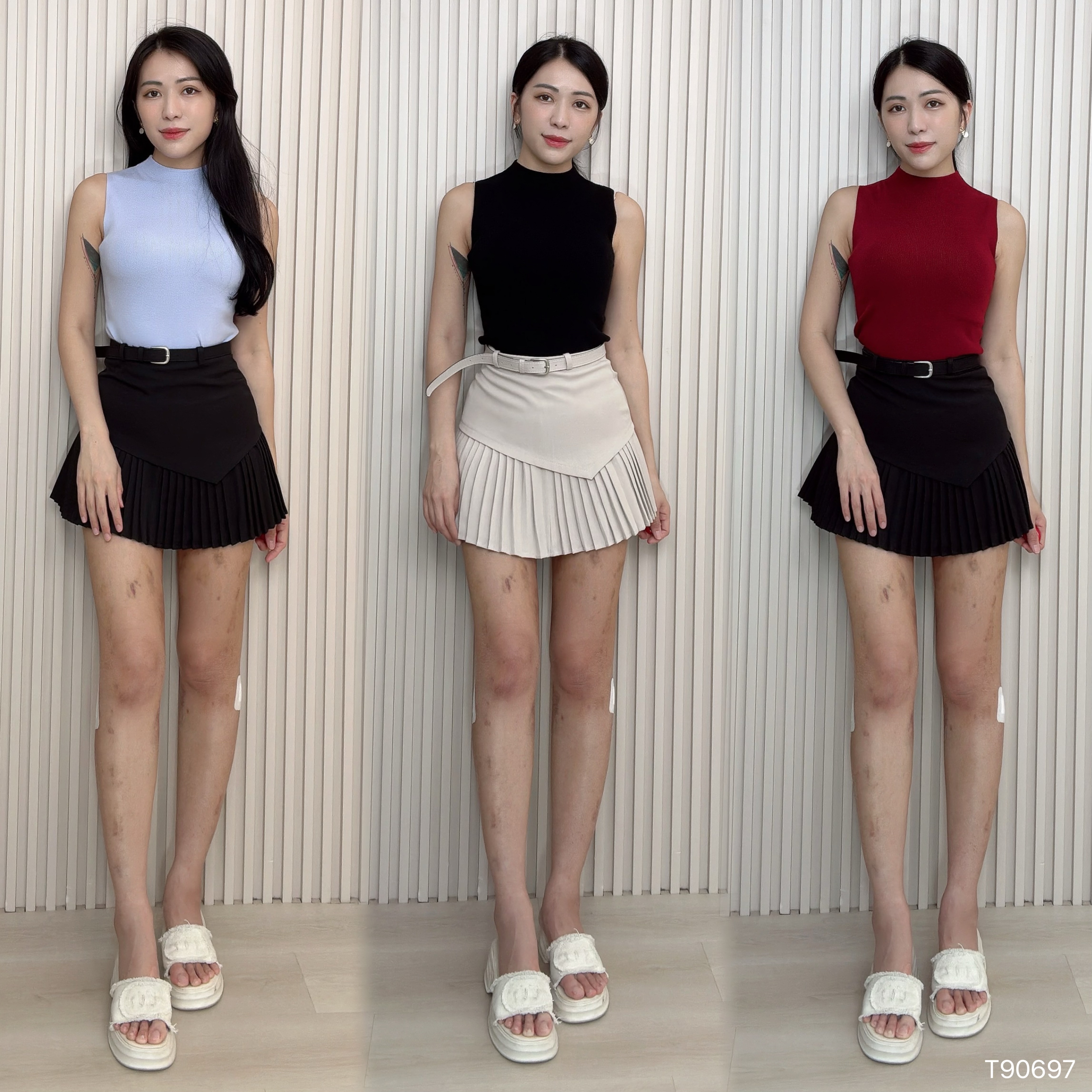 韩系纯色半高领针织无袖上衣 (T90697)