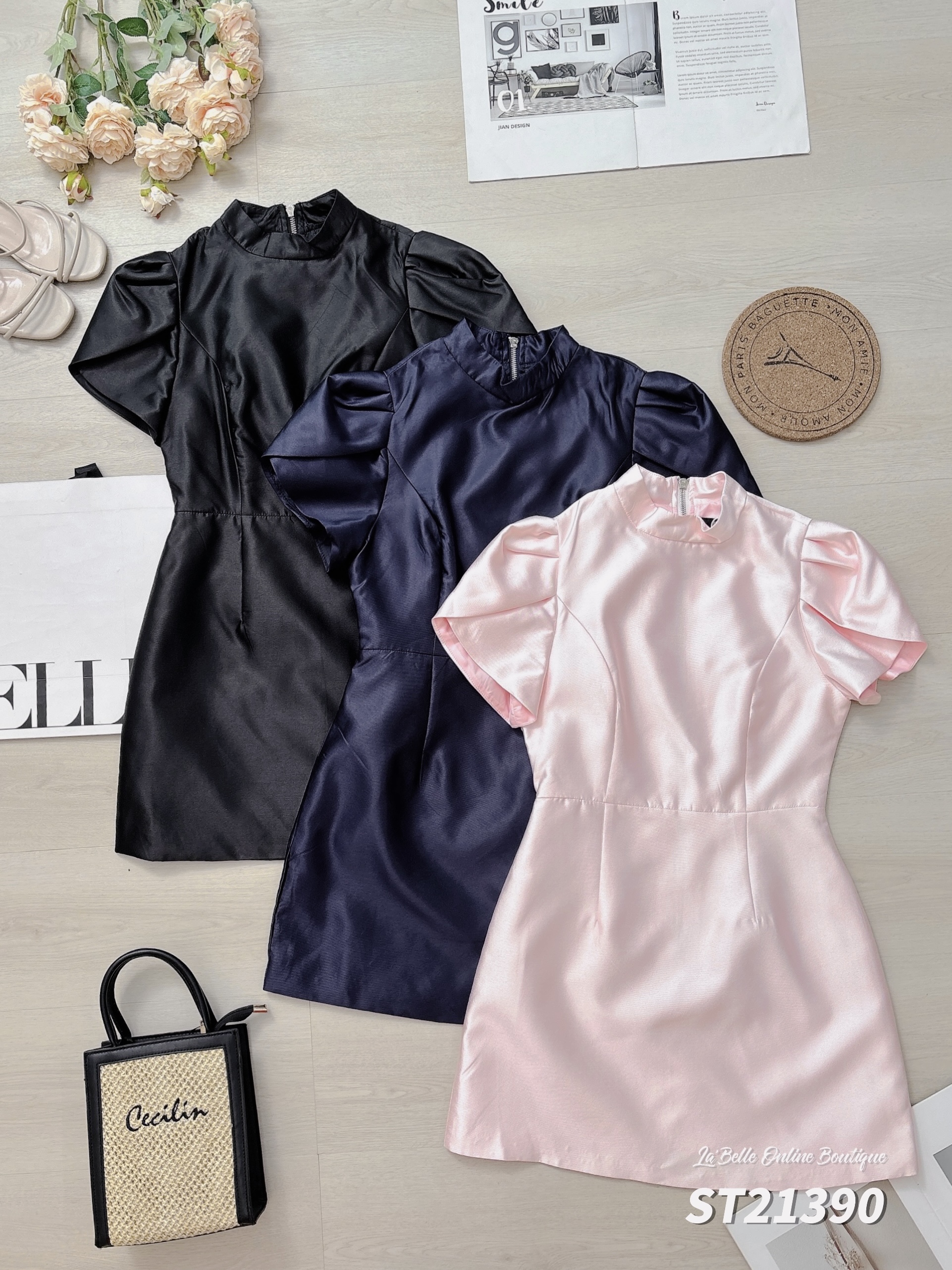 名媛风收腰显瘦立领连身裙 (ST21390)