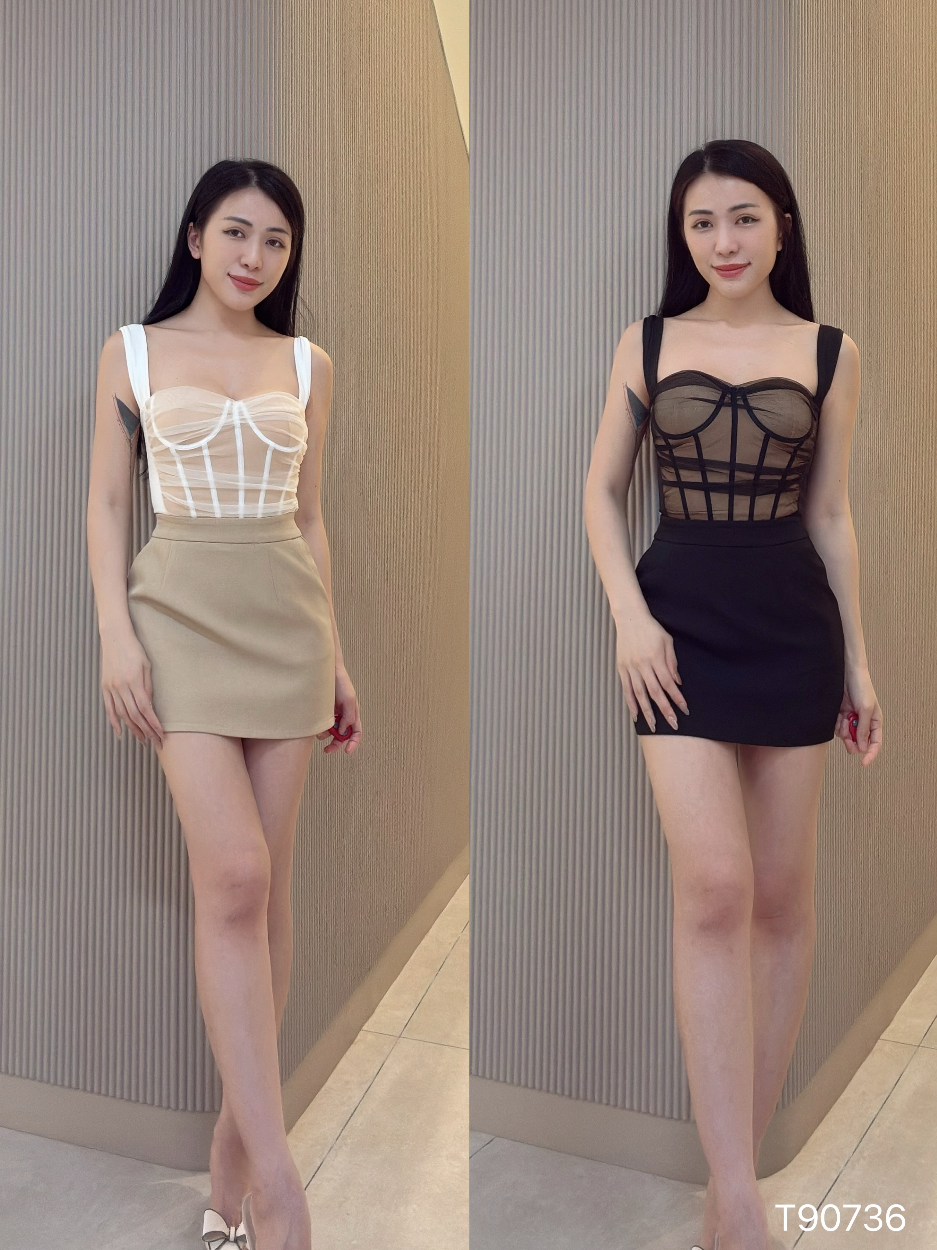 欧美风撞色胸棉鱼骨设计上衣 (T90736)