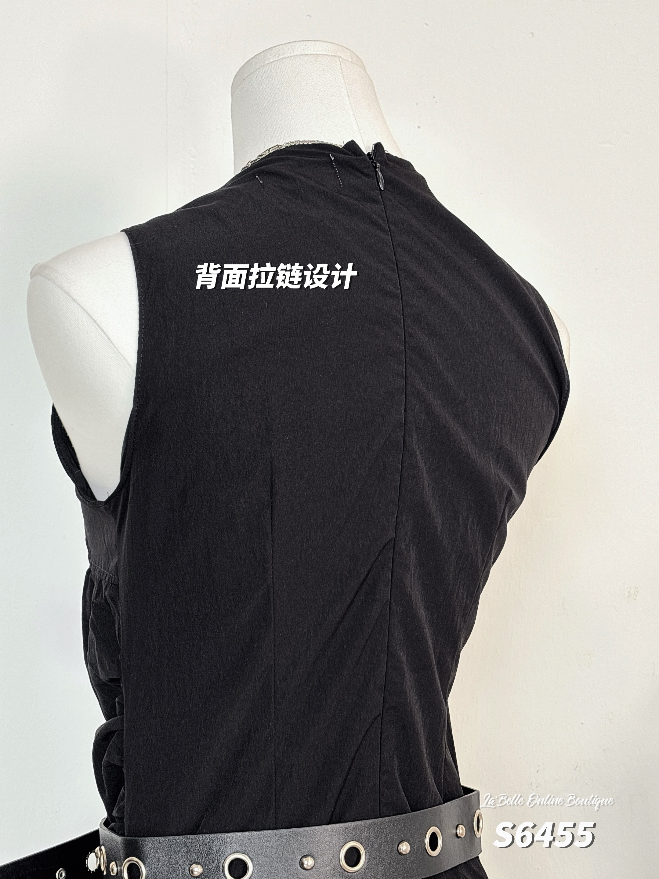 赫本风无袖圆领褶皱设计过膝连身裙 (S6455)