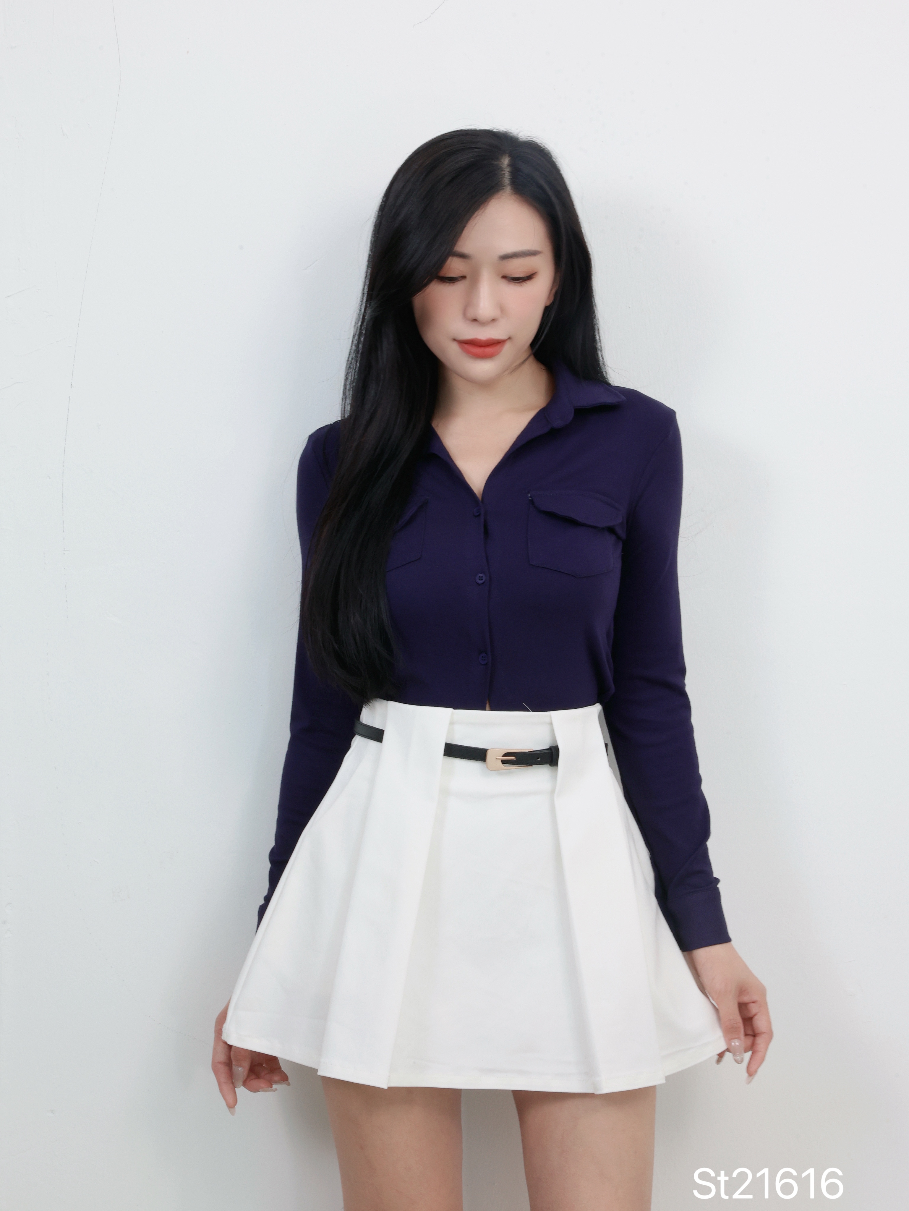 气质立体压褶设计A字高腰短裙 (ST21616)