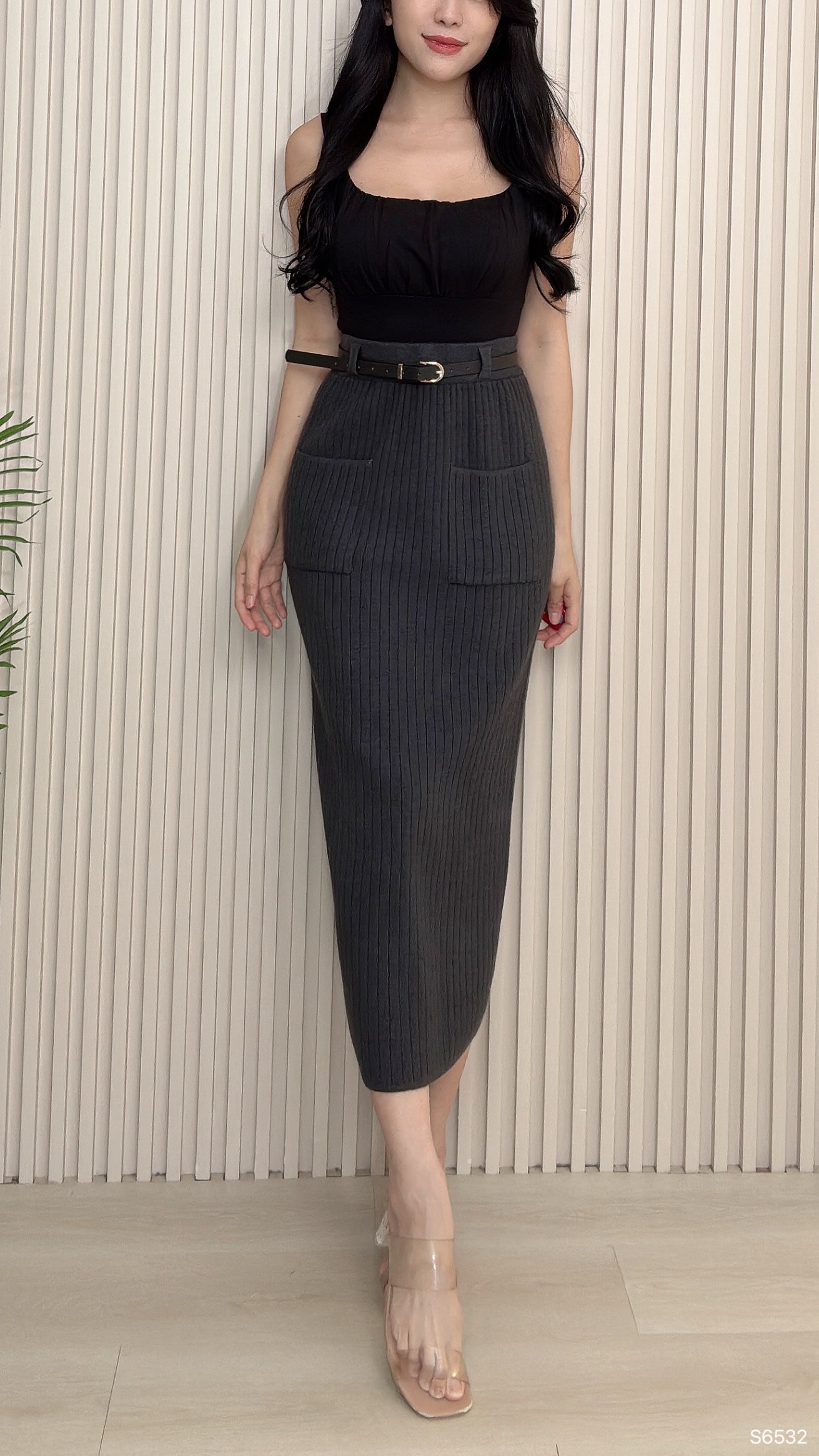 轻奢后开叉设计直筒高腰半身裙 (S6532)