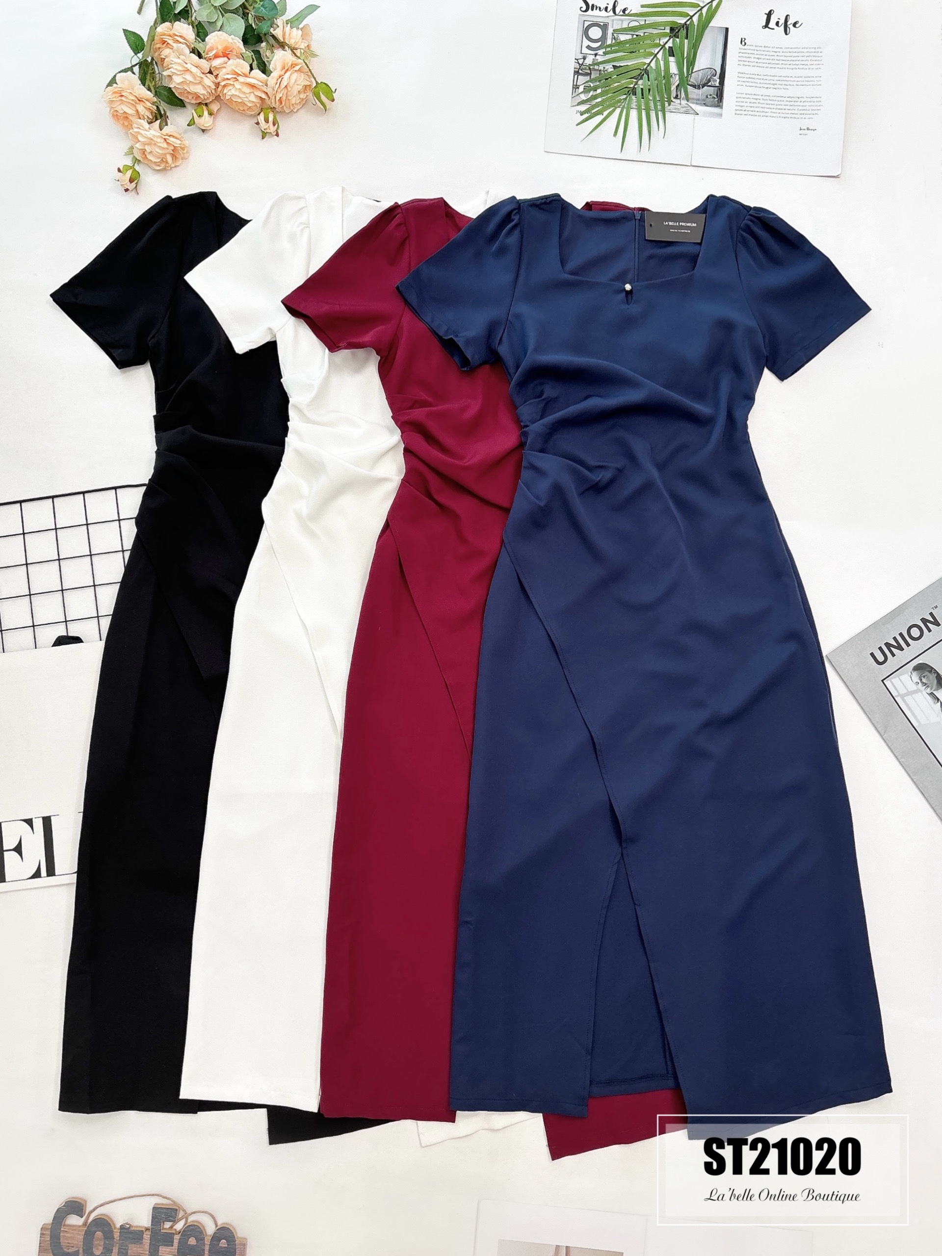 法式方领开叉设计连身裙 (ST21020)  - 特价 【不接受更换】-La'Belle Fashion Boutique Sdn Bhd