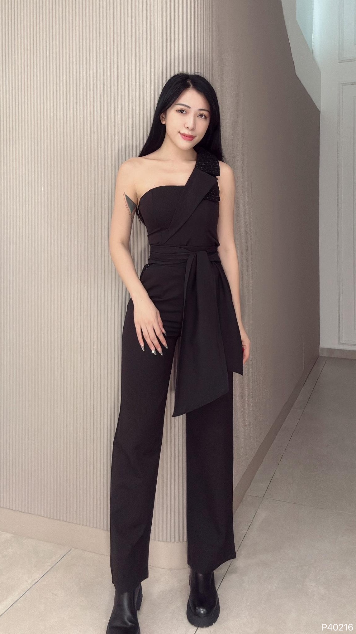 【LATTE NOON】时尚系带明线设计阔腿高腰长裤   (P40216)