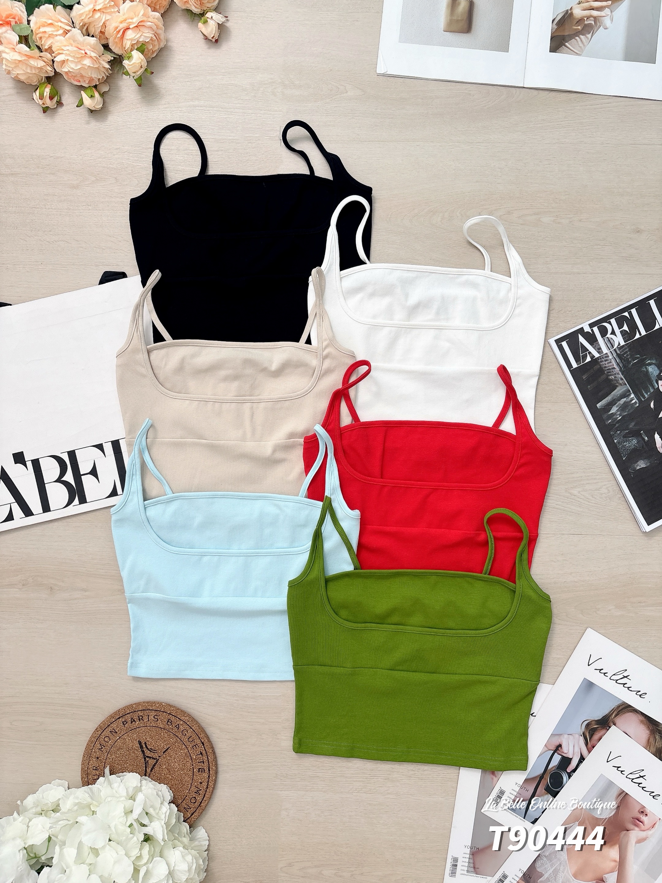 纯色假两件短版吊带上衣 (T90444)