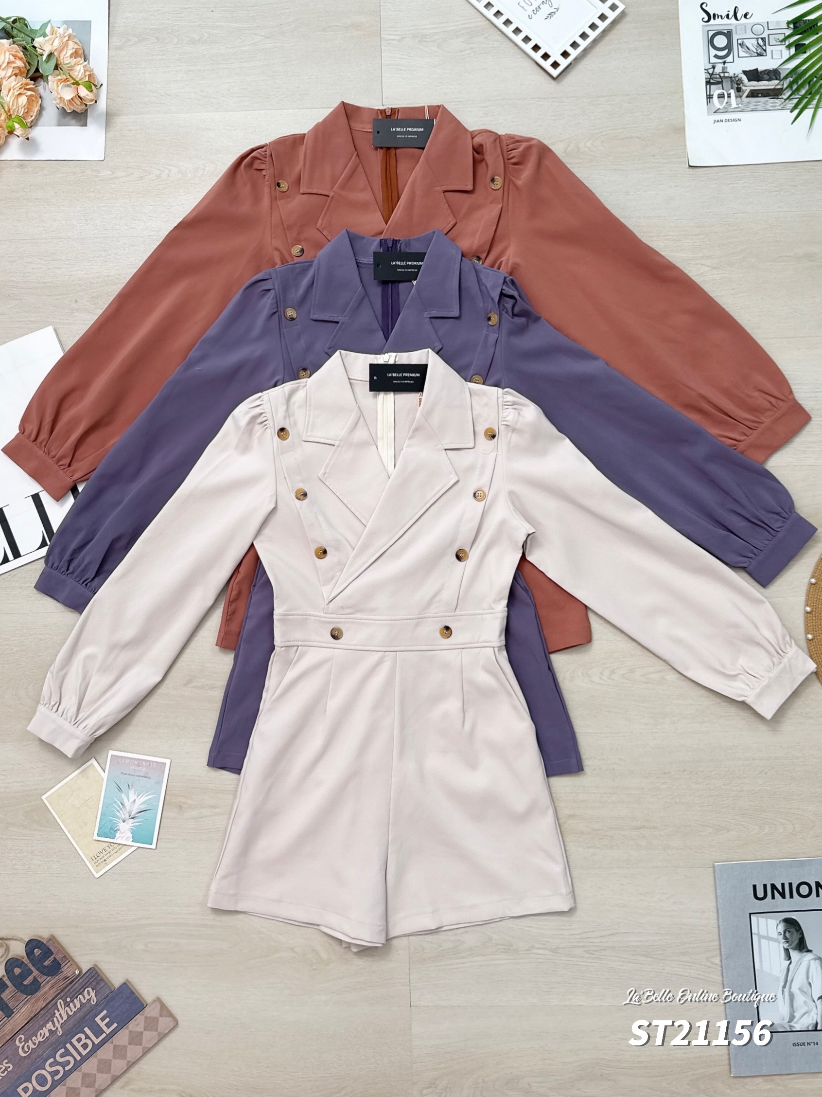 气质西装领假纽扣设计连身裤 (ST21156) - 特价-La'Belle Fashion Boutique Sdn Bhd