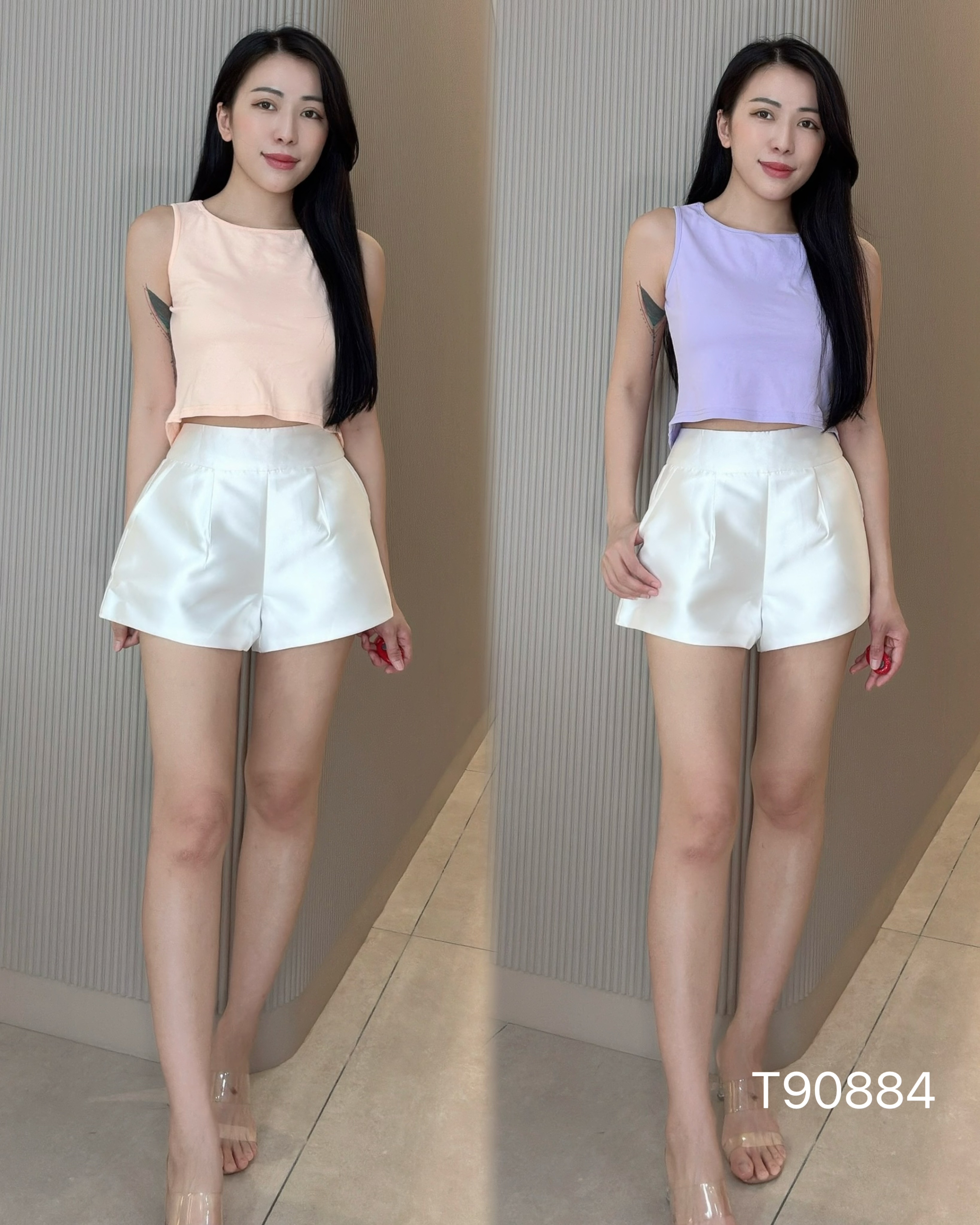 甜美风前短后长设计深V露背上衣 (T90884)