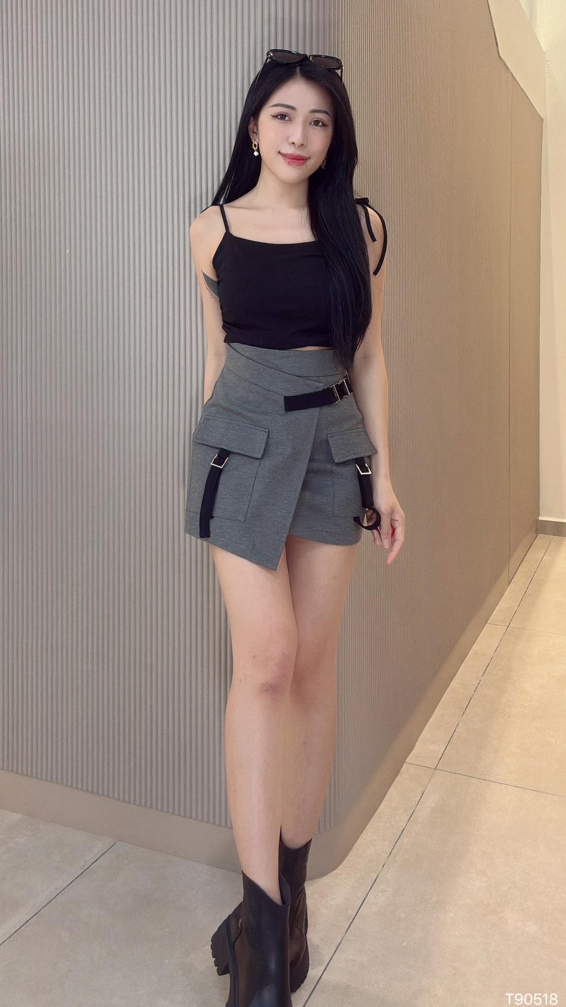 甜美褶皱设计蝴蝶结吊带上衣 (T90518)