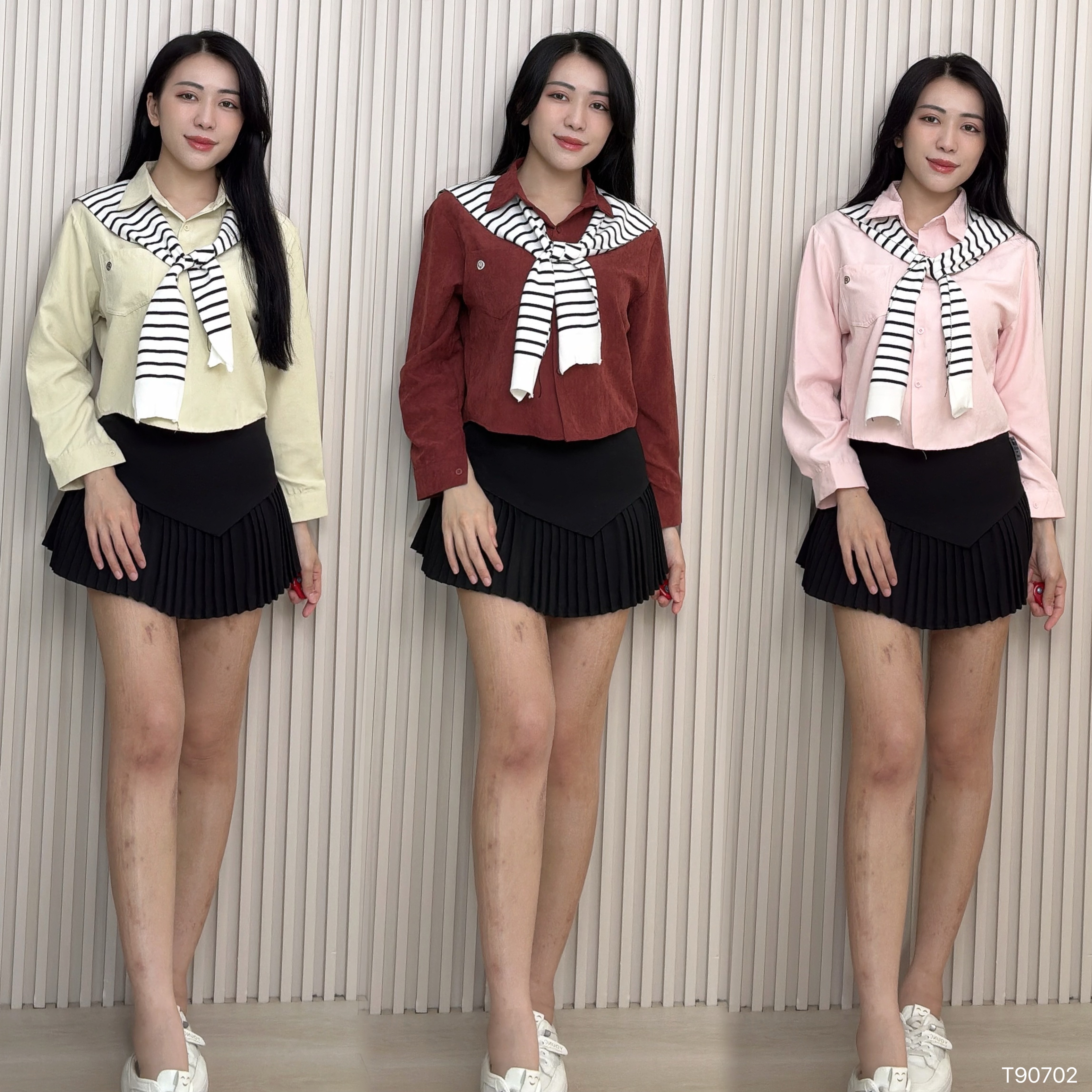 学院风叠穿撞色设计长袖上衣 (T90702)