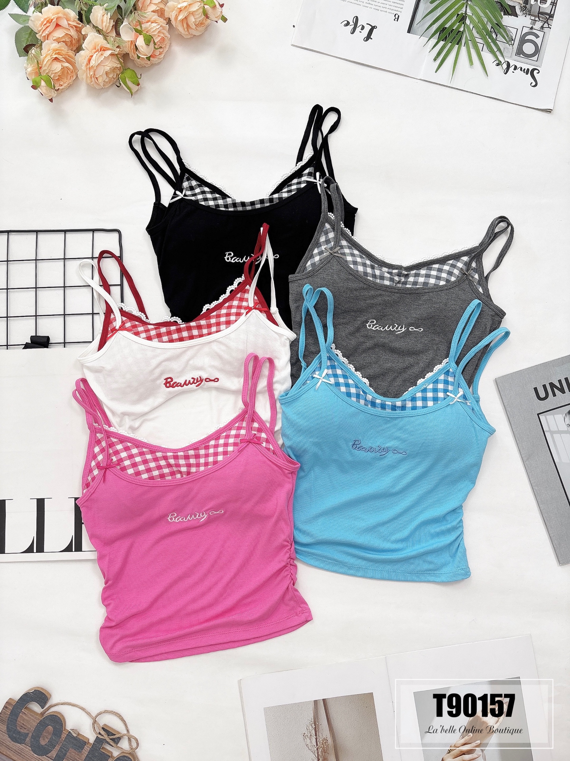 假两件格子蕾丝边刺绣字母款上衣 (T90157) - 特价-La'Belle Fashion Boutique Sdn Bhd
