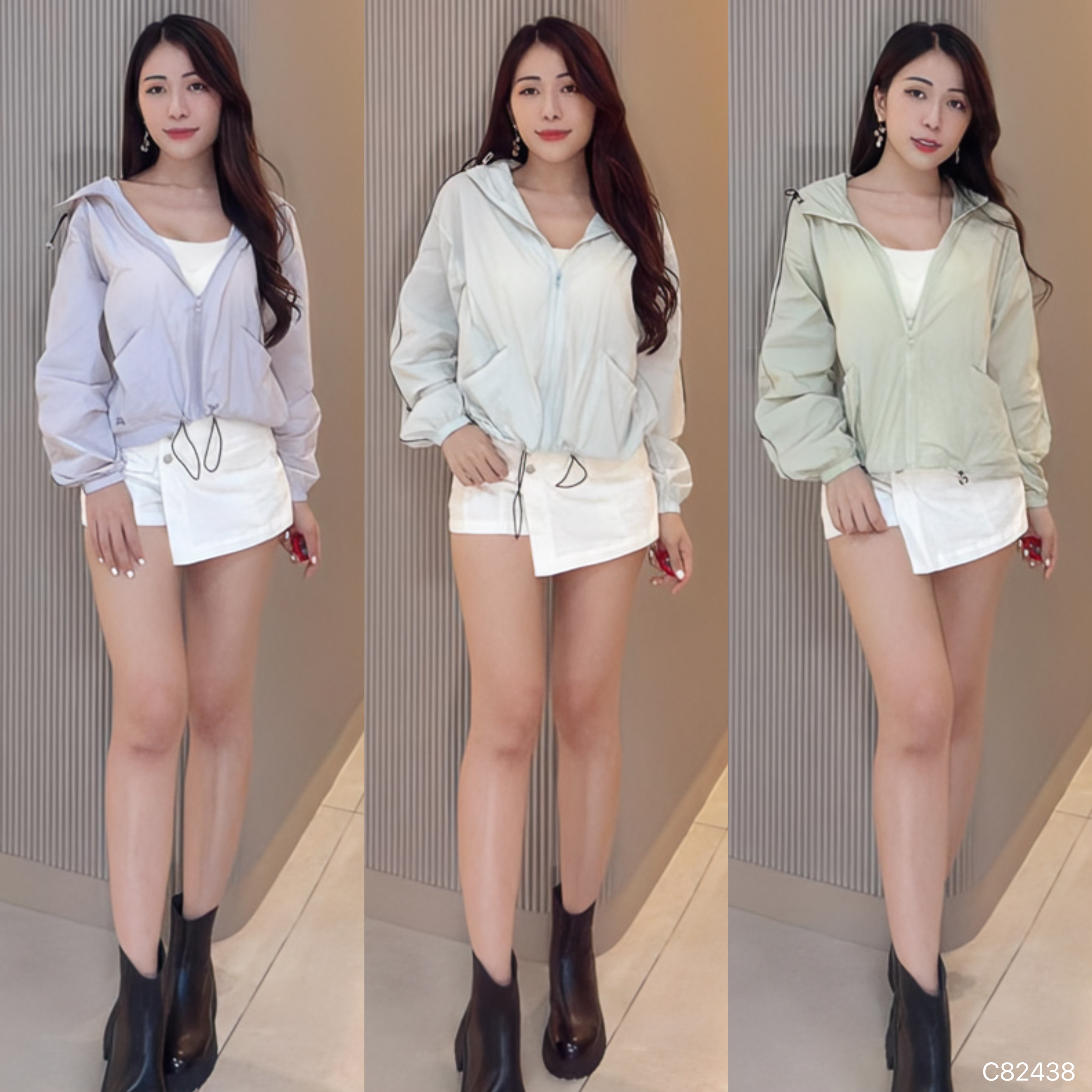 休闲薄款条纹设计连帽外套  (C82438)