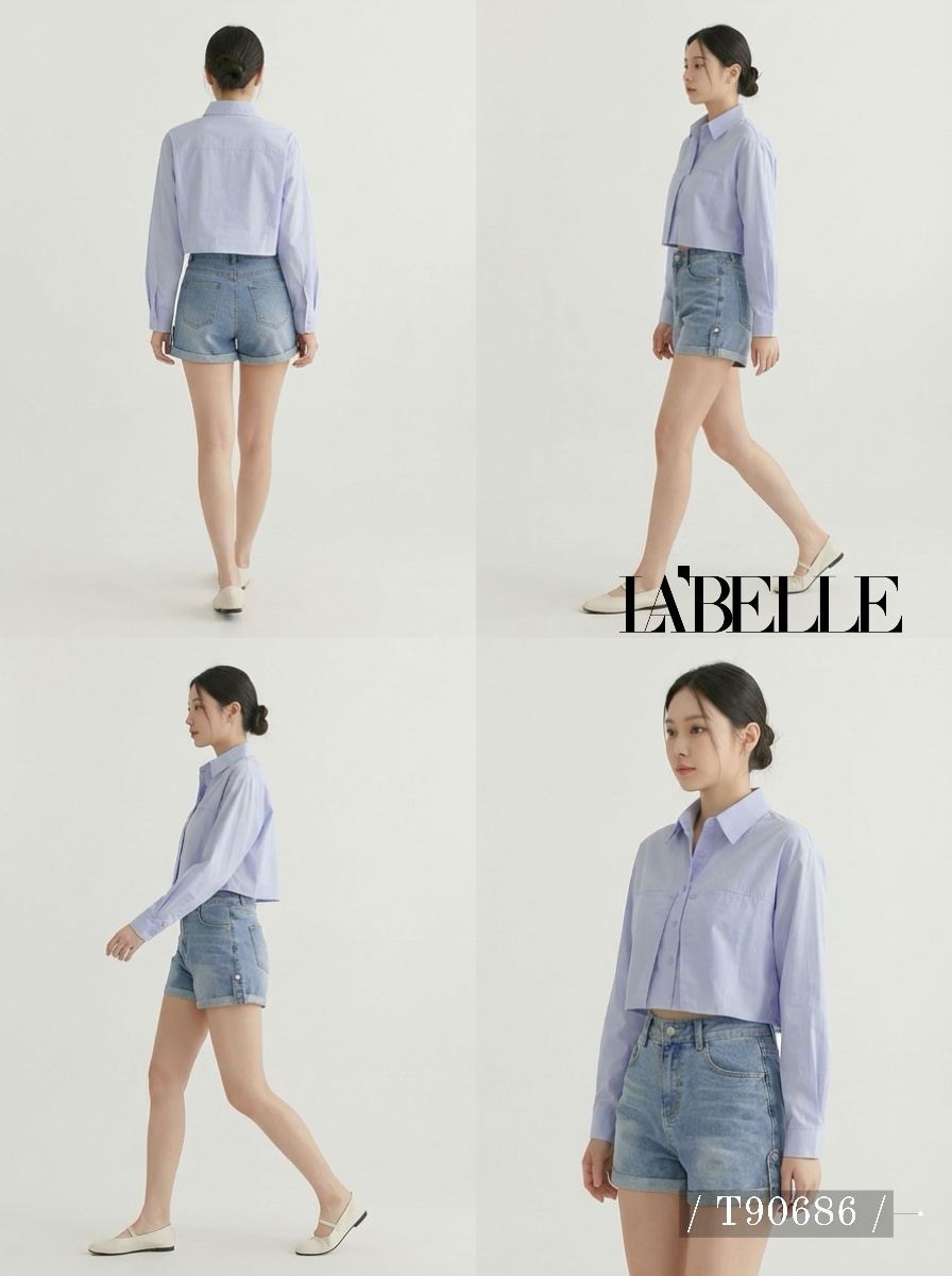 设计感翻领短款长袖衬衫 (T90686)