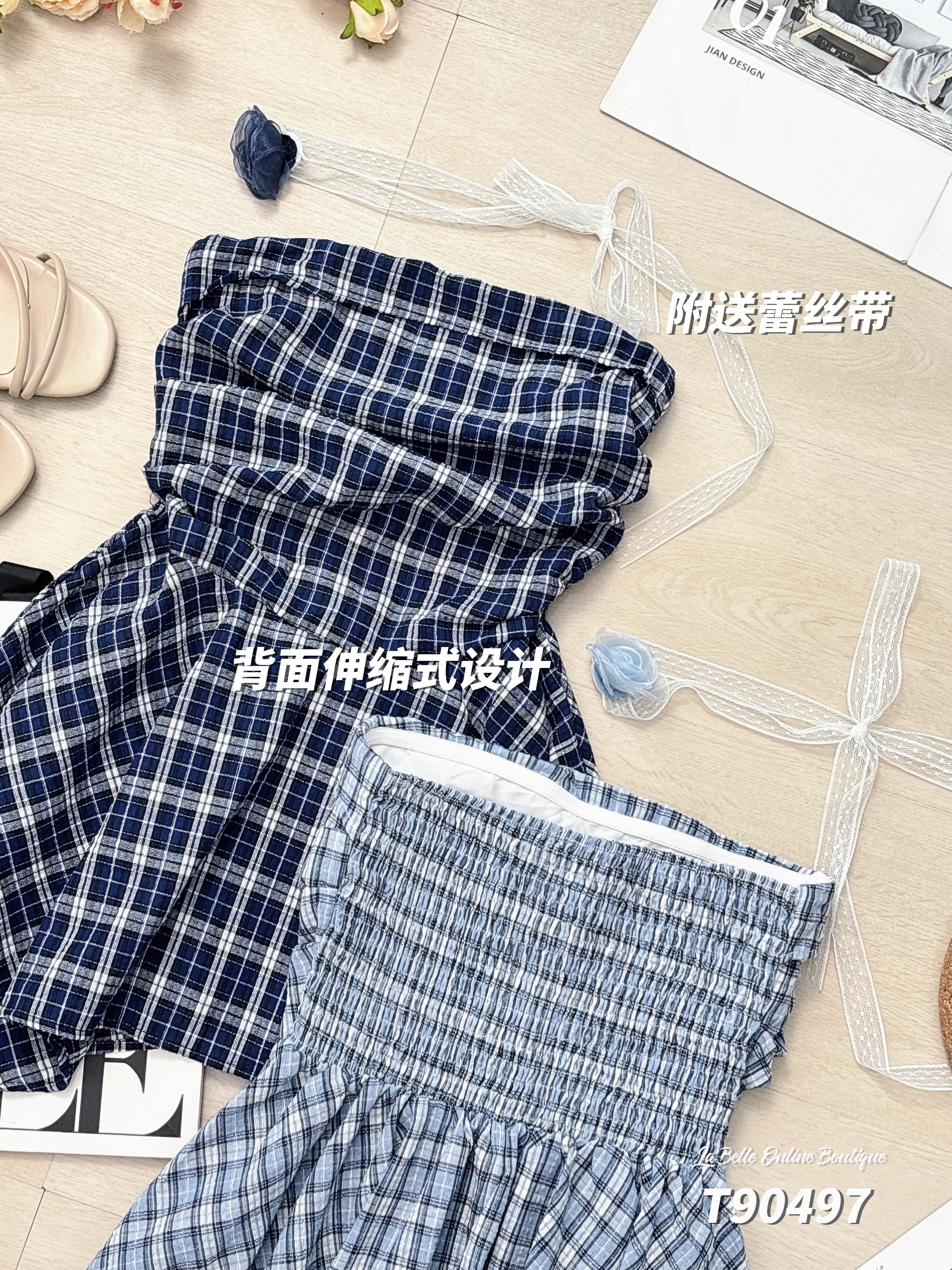 韩系不规则抹胸设计格子上衣 (T90497)