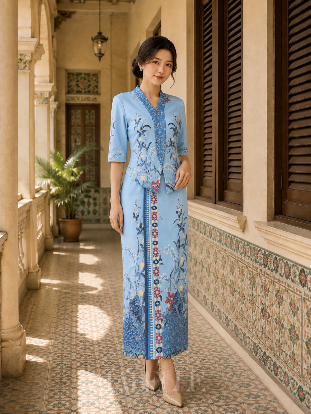 现代娘惹V领交叠印花设计连身裙 (ST21687)