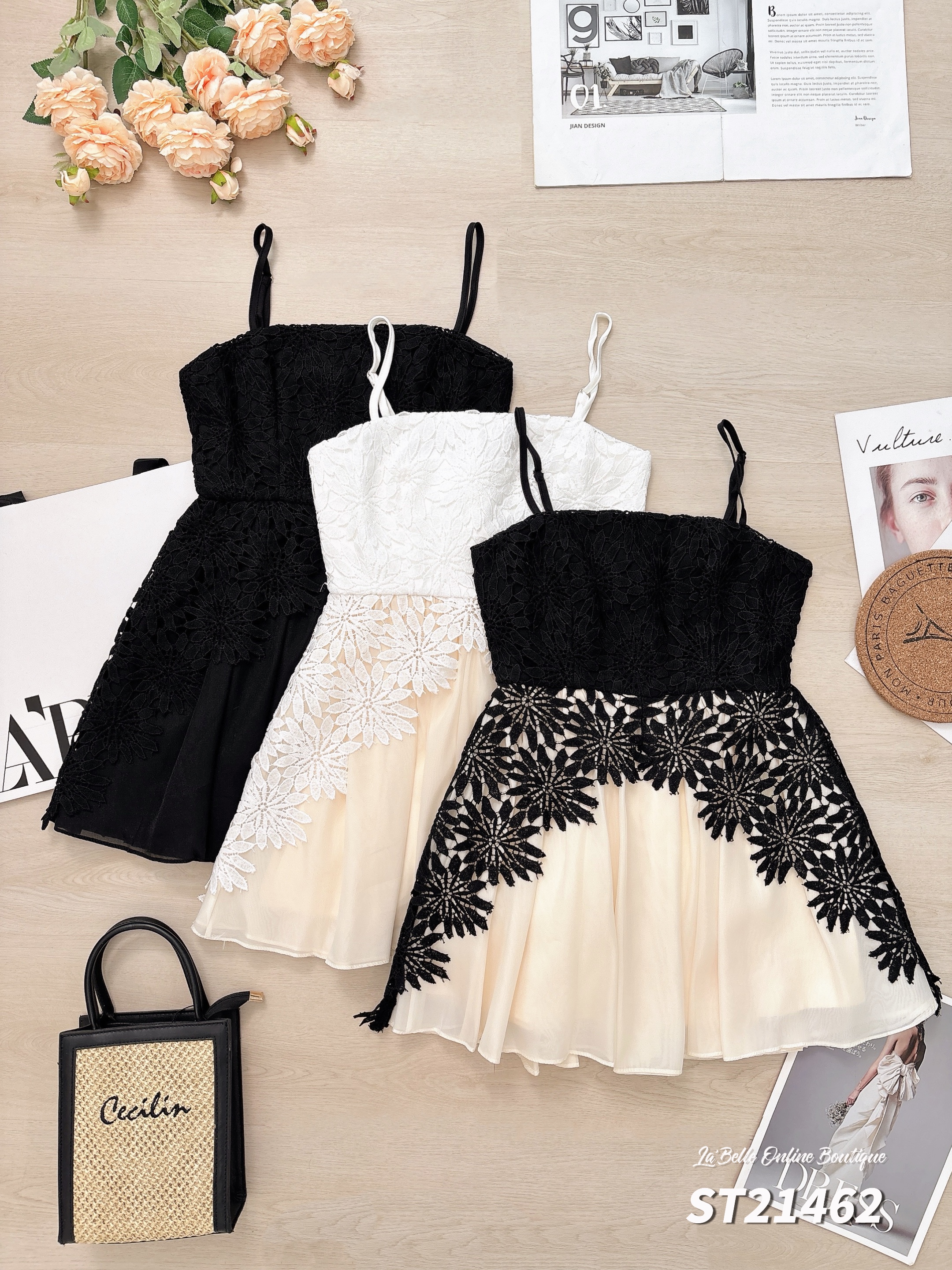 法式镂空绣花吊带连身裙 (ST21462)